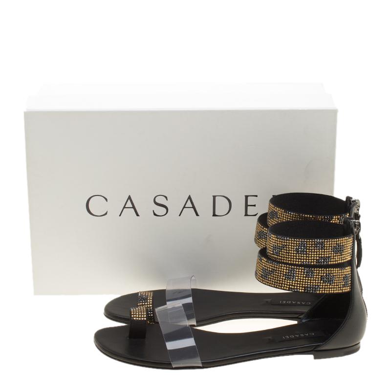 Casadei Two Tone Crystal Embellished Ankle Cuff and PVC Vinil Flat Sandals Size  3