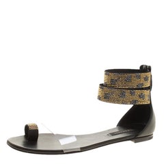 Casadei Two Tone Crystal Embellished Ankle Cuff and PVC Vinil Flat Sandals Size 