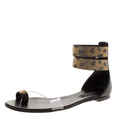 Casadei Two Tone Crystal Embellished Ankle Cuff and PVC Vinil Flat Sandals Size 