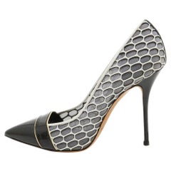 Casadei White/Black Net and Leather Pointed Toe Pumps Size 37.5