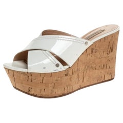 Casadei White Criss Cross Patent Leather Cork Wedge Sandals Size 35