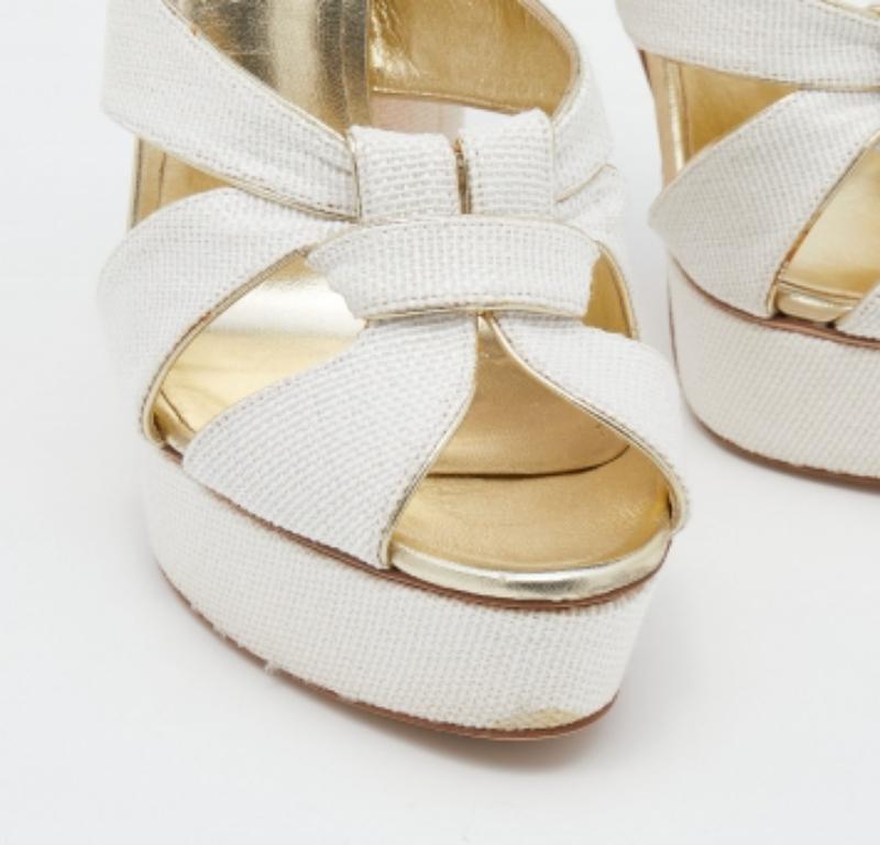 Casadei Sandales à plateforme tissées en paille et cuir blanc/or, taille 39 Pour femmes en vente