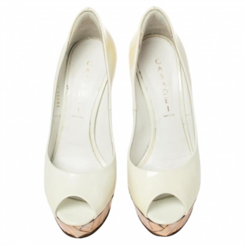 Casadei White Patent Leather Mosaic Mirror Heel Peep Toe Platform Pumps Size 39 For Sale 6