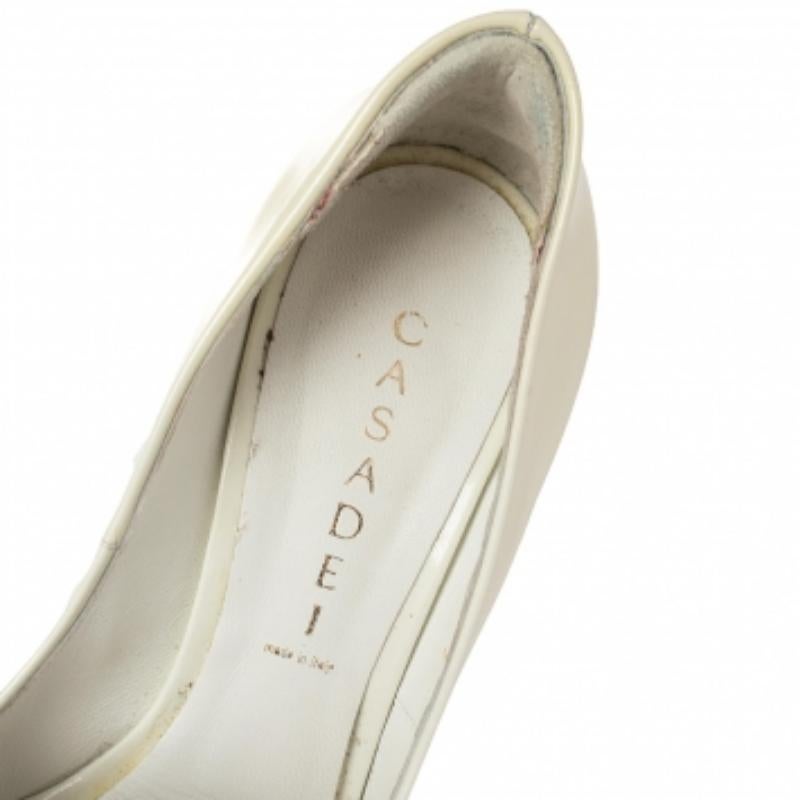 Casadei White Patent Leather Mosaic Mirror Heel Peep Toe Platform Pumps Size 39 For Sale 2