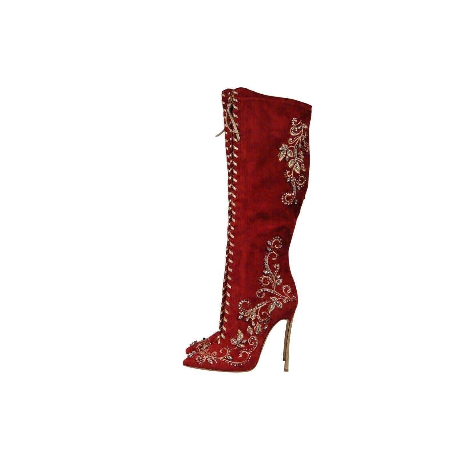 Casadei Bottes montantes au genou ornées de cristaux taille US 7 B en daim rouge avec fermeture éclair 130 en vente 5