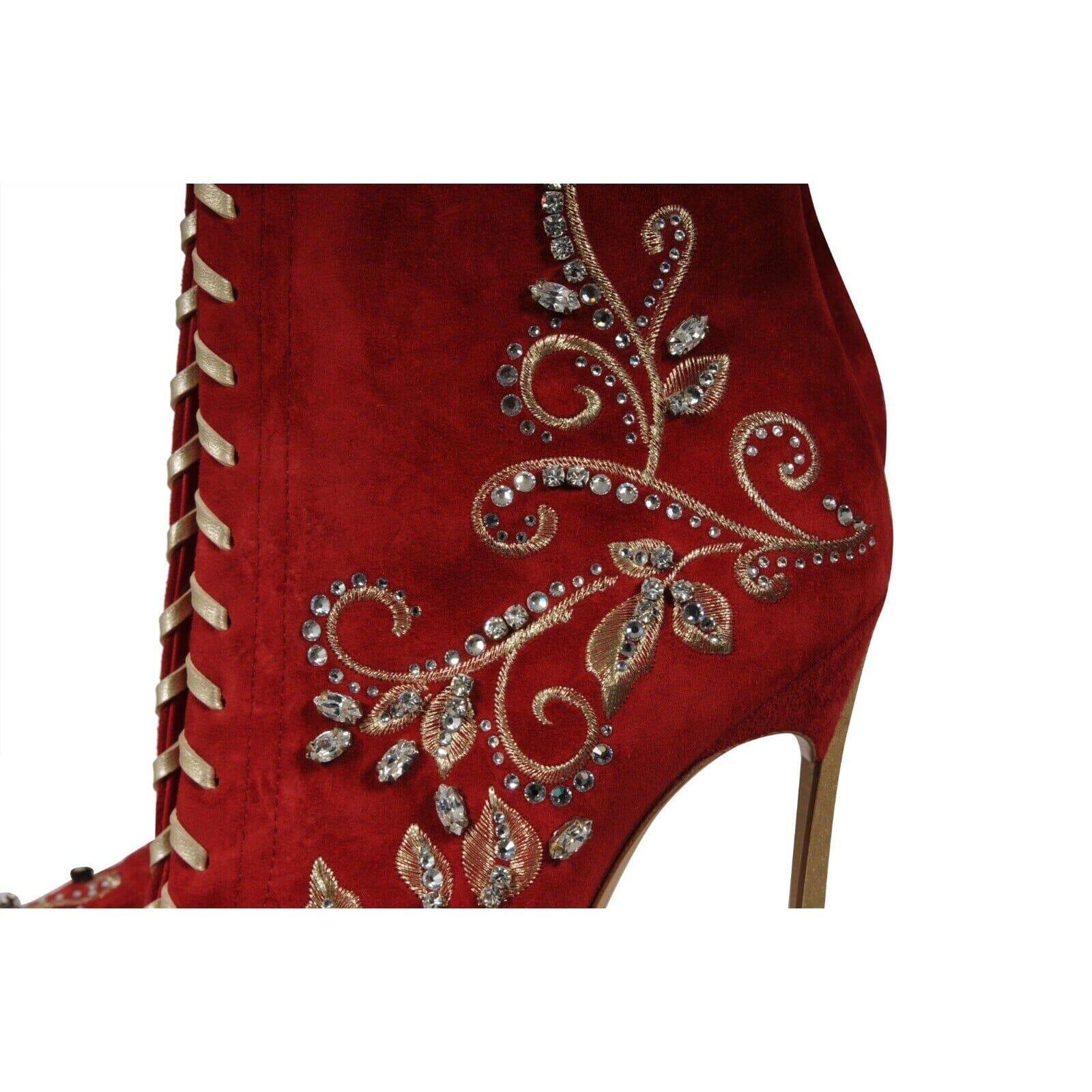 Casadei Bottes montantes au genou ornées de cristaux taille US 7 B en daim rouge avec fermeture éclair 130 en vente 8