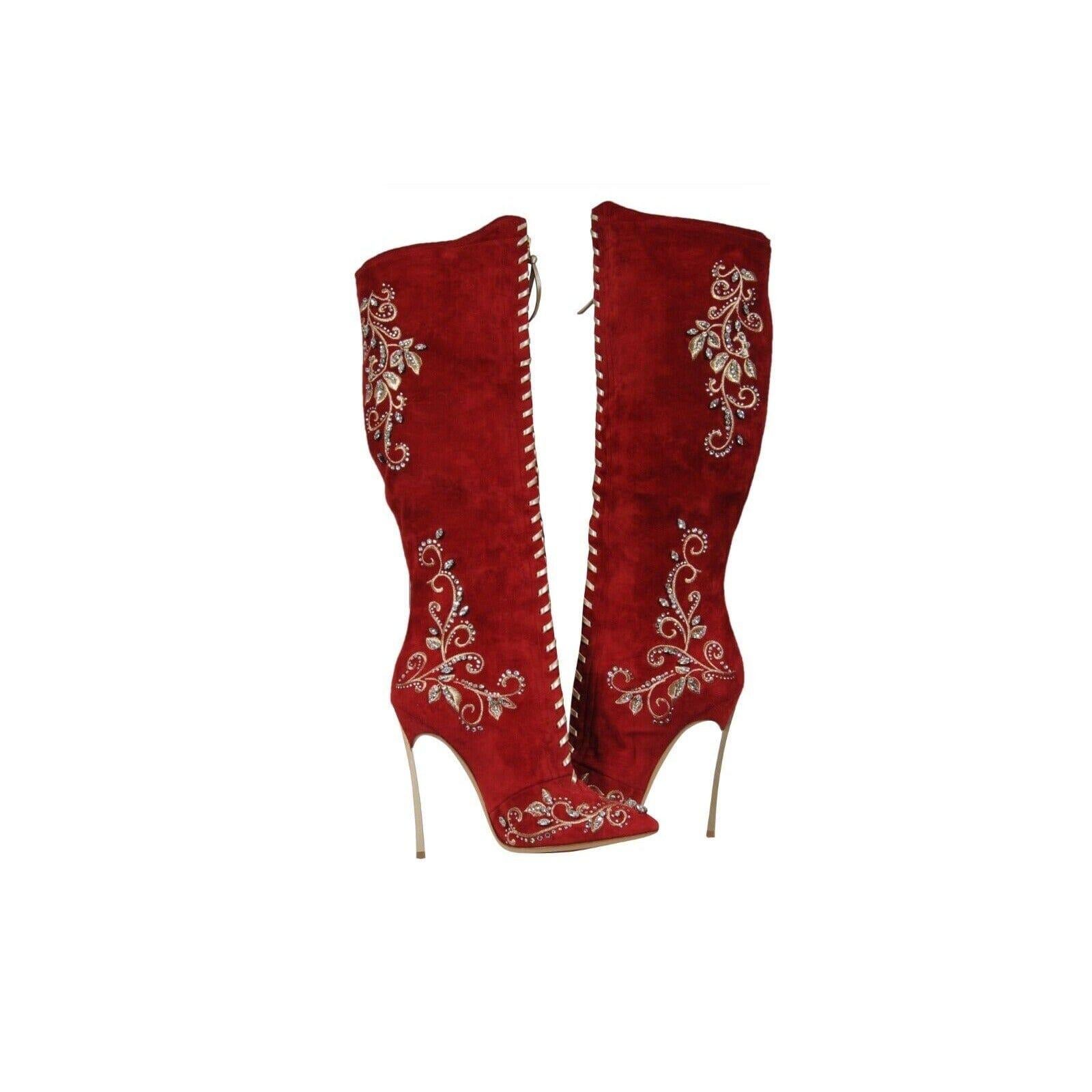 Casadei Bottes montantes au genou ornées de cristaux taille US 7 B en daim rouge avec fermeture éclair 130 en vente 11