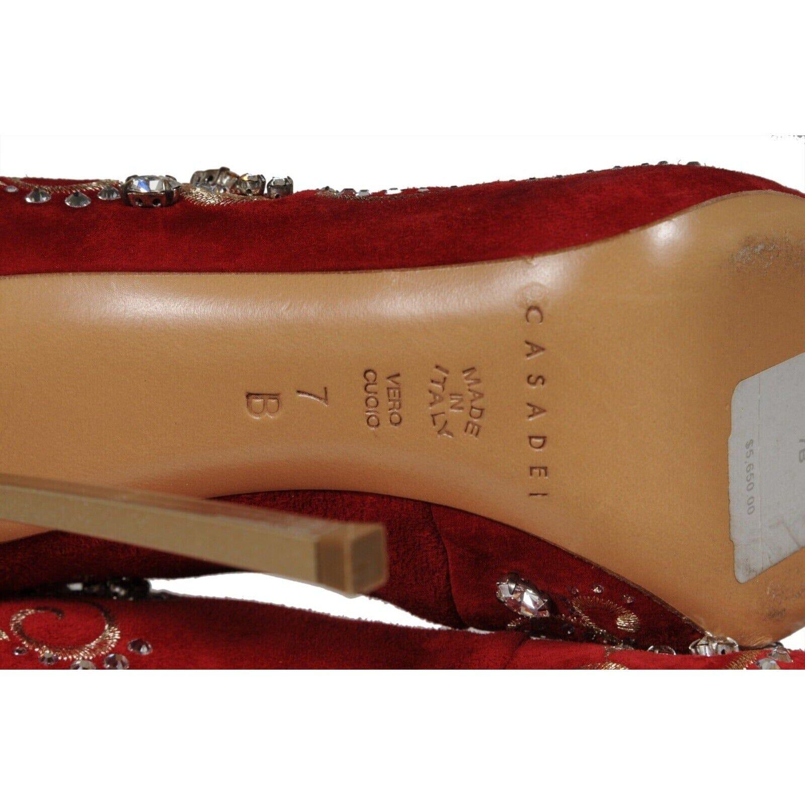 Casadei Bottes montantes au genou ornées de cristaux taille US 7 B en daim rouge avec fermeture éclair 130 en vente 14