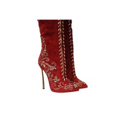 Casadei Damen kniehohe kristallverzierte Stiefel aus rotem Wildleder mit Reißverschluss 130, US 7 B