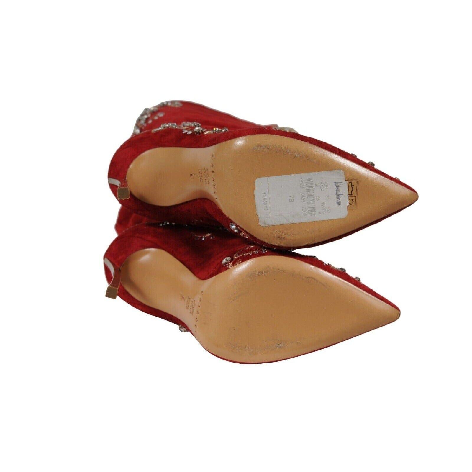 Casadei Bottes montantes au genou ornées de cristaux taille US 7 B en daim rouge avec fermeture éclair 130 en vente 15