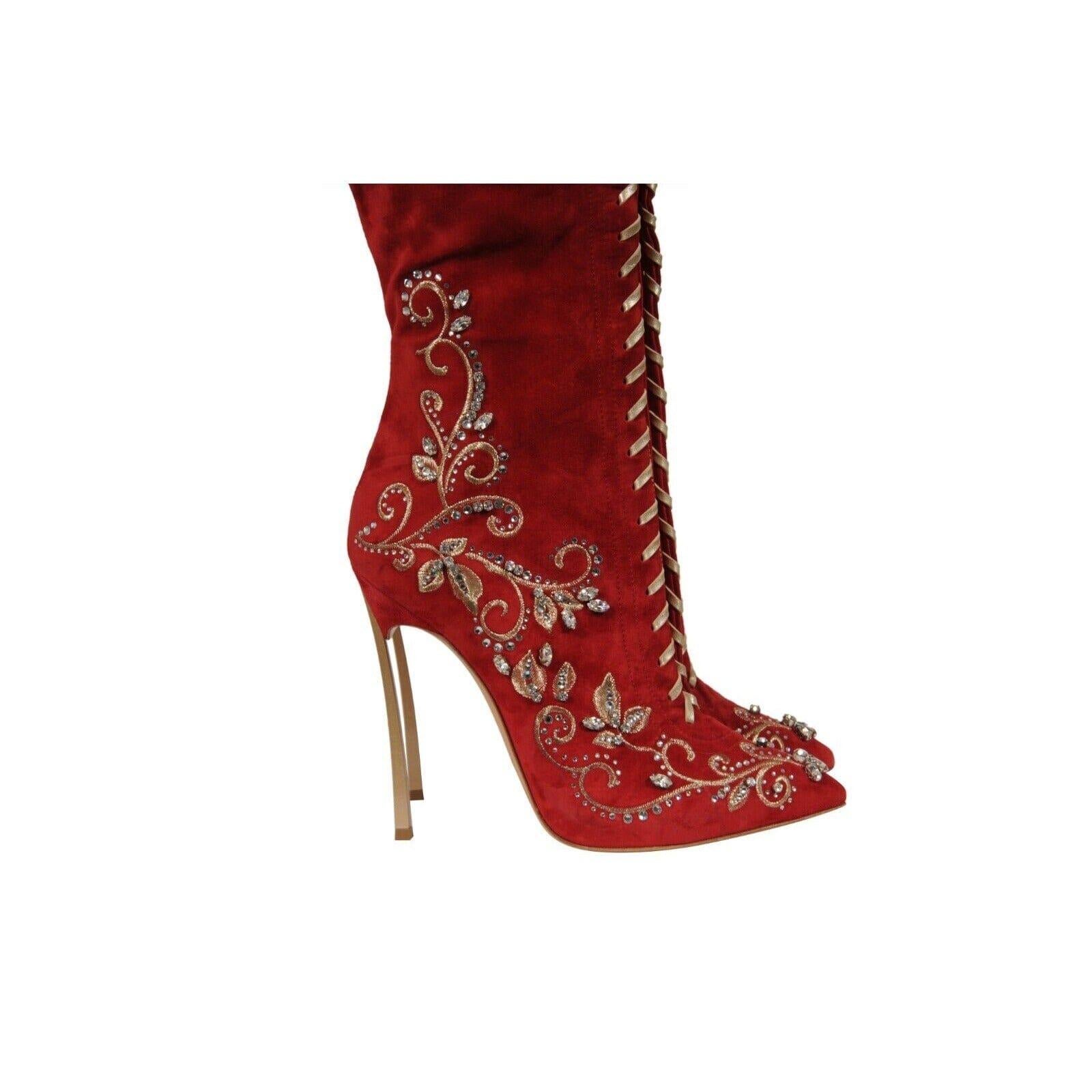 Rouge Casadei Bottes montantes au genou ornées de cristaux taille US 7 B en daim rouge avec fermeture éclair 130 en vente