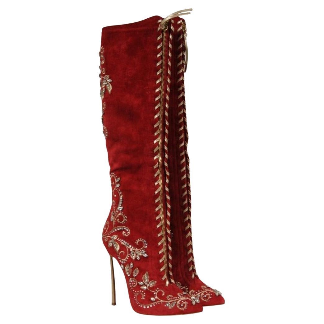 Casadei Womens Knee High Crystal Embellished Boots US 7 B Red Suede Zip Up 130