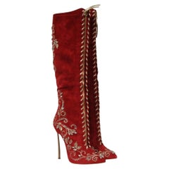 Casadei Botas de mujer hasta la rodilla con adornos de cristal US 7 B Gamuza roja con cremallera 130