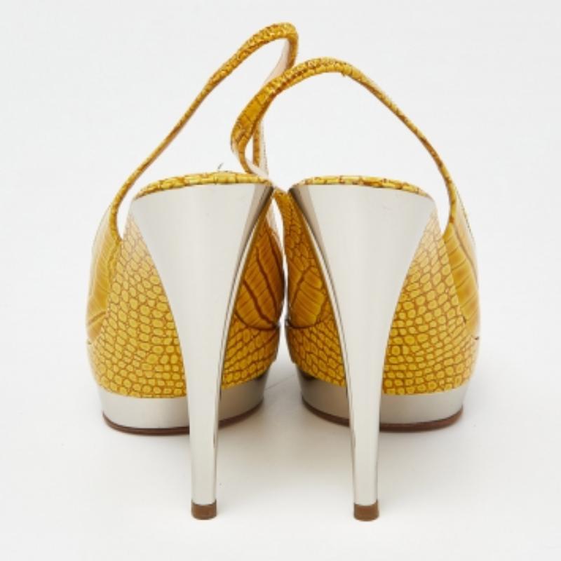 Women's Casadei Yellow Croc Embossed Leather Cross Strap Platform Sandals Size 37