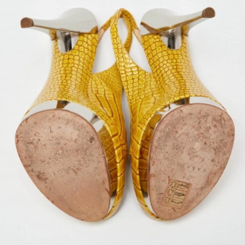Casadei Yellow Croc Embossed Leather Cross Strap Platform Sandals Size 37 1
