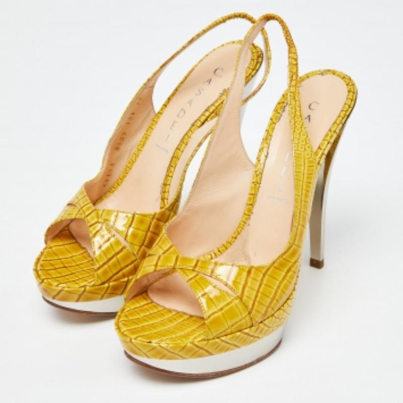 Casadei Yellow Croc Embossed Leather Cross Strap Platform Sandals Size 37 3