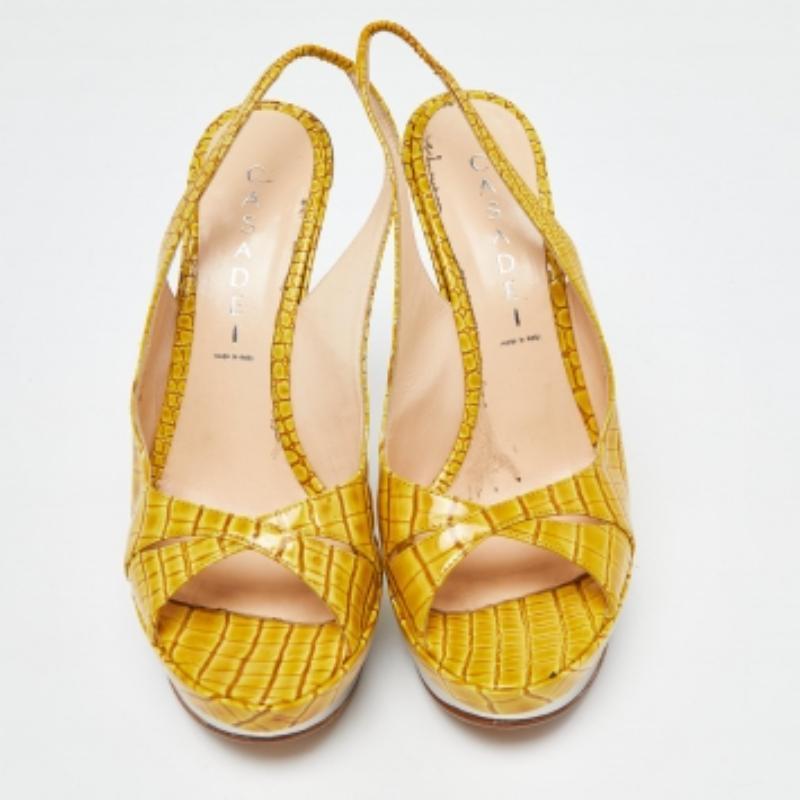 Casadei Yellow Croc Embossed Leather Cross Strap Platform Sandals Size 37 4