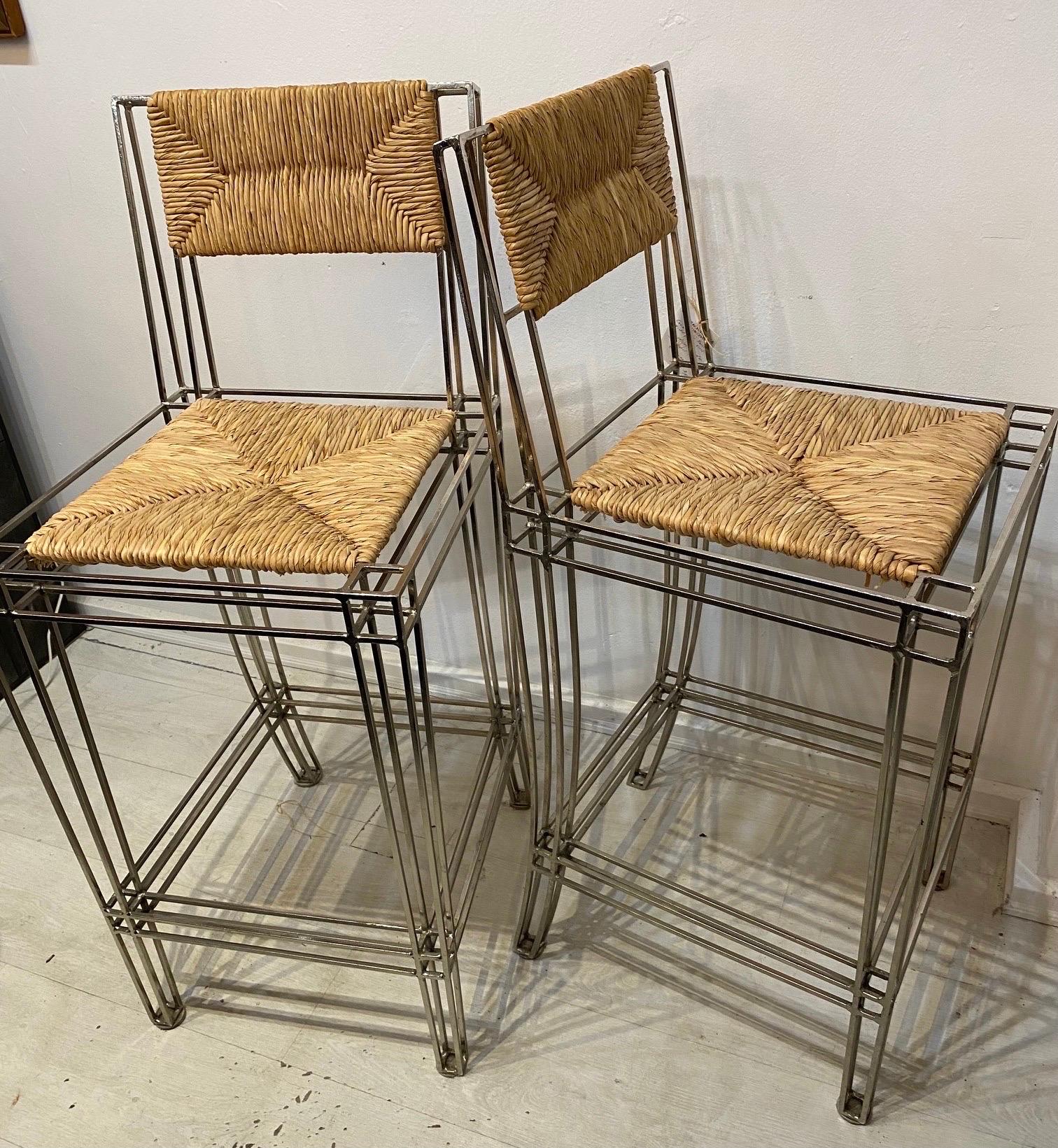 Woven Casamidy Nickel Plated Barstools 8 Available  For Sale