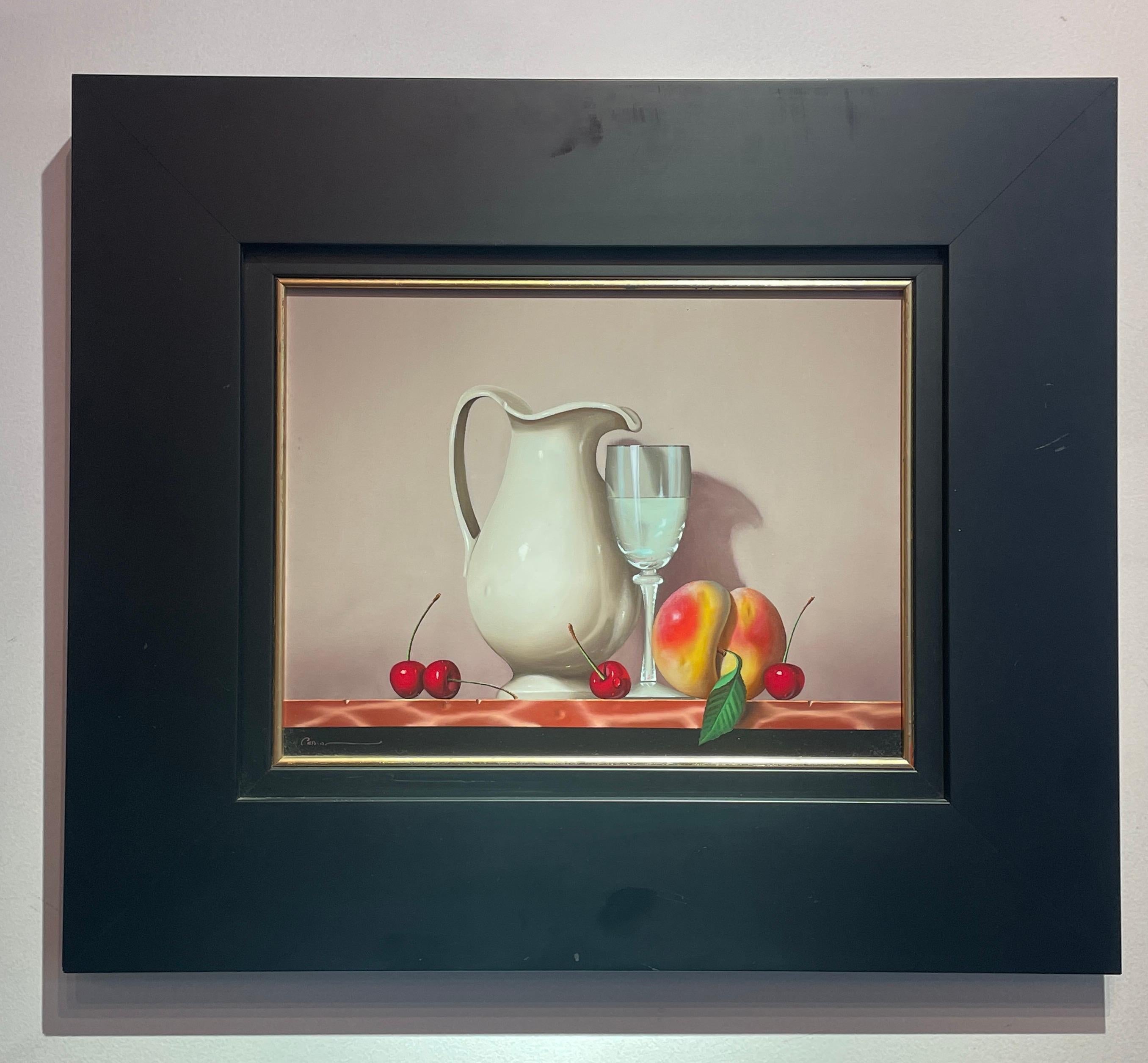 'Cherries & Peach' Contemporary Photorealist Still life painting, Red, Yellow  - Painting by Casas