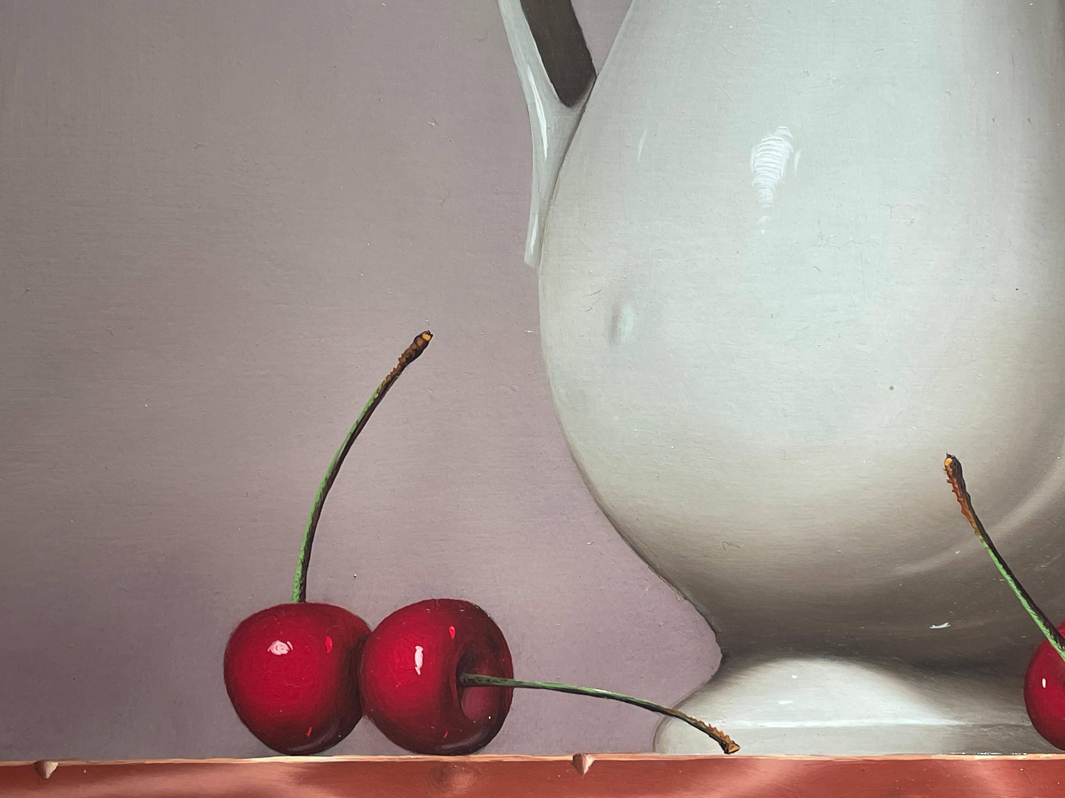 'Cherries & Peach' by Casas. Contemporary Photorealist Still life painting with peach, cherries, glass and jug. Perfect for a kitchen or dining room. Makes a matching pair with 'Glass Half Full'. 