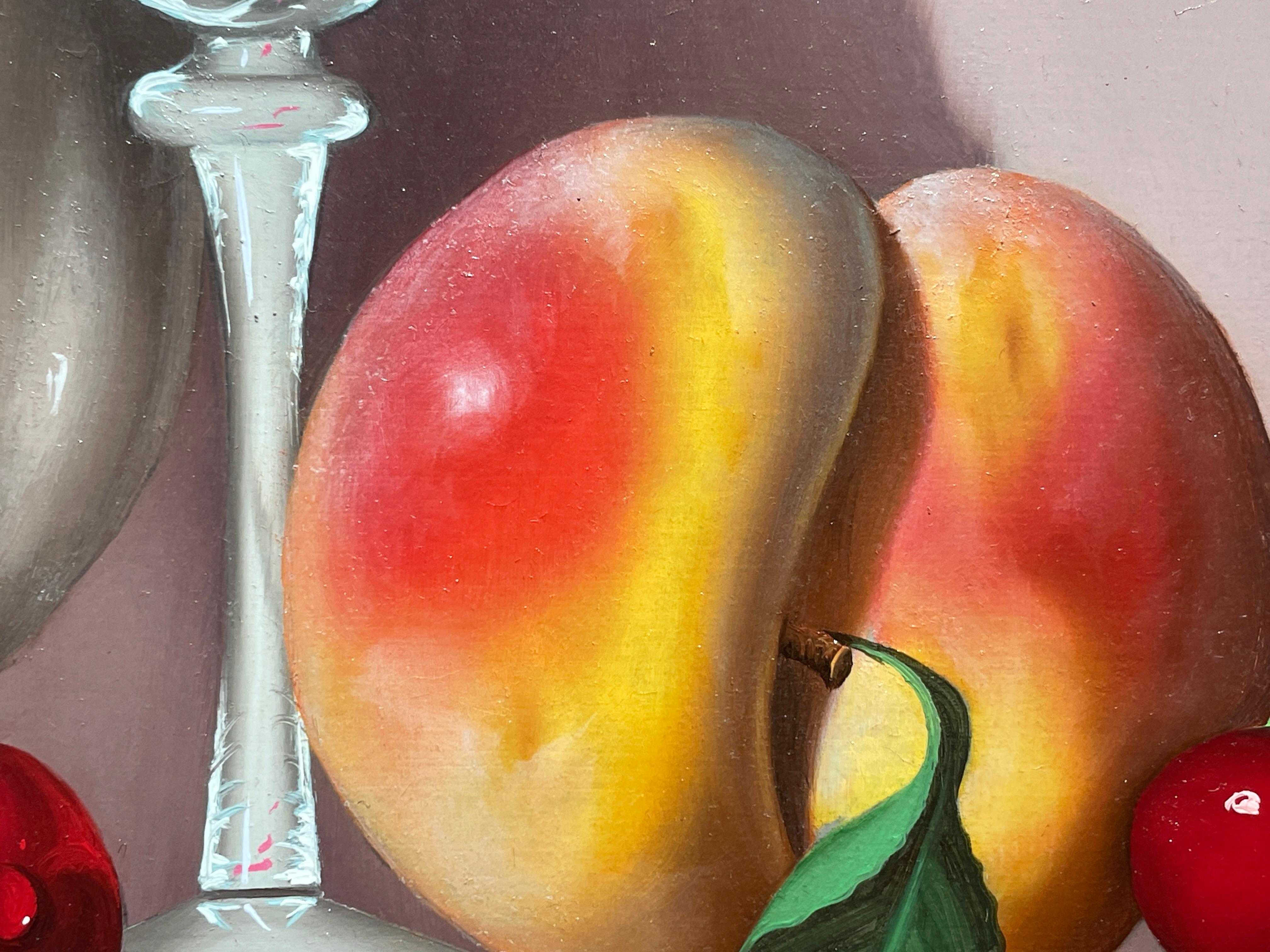 'Cherries & Peach' Contemporary Photorealist Still life painting, Red, Yellow For Sale 1
