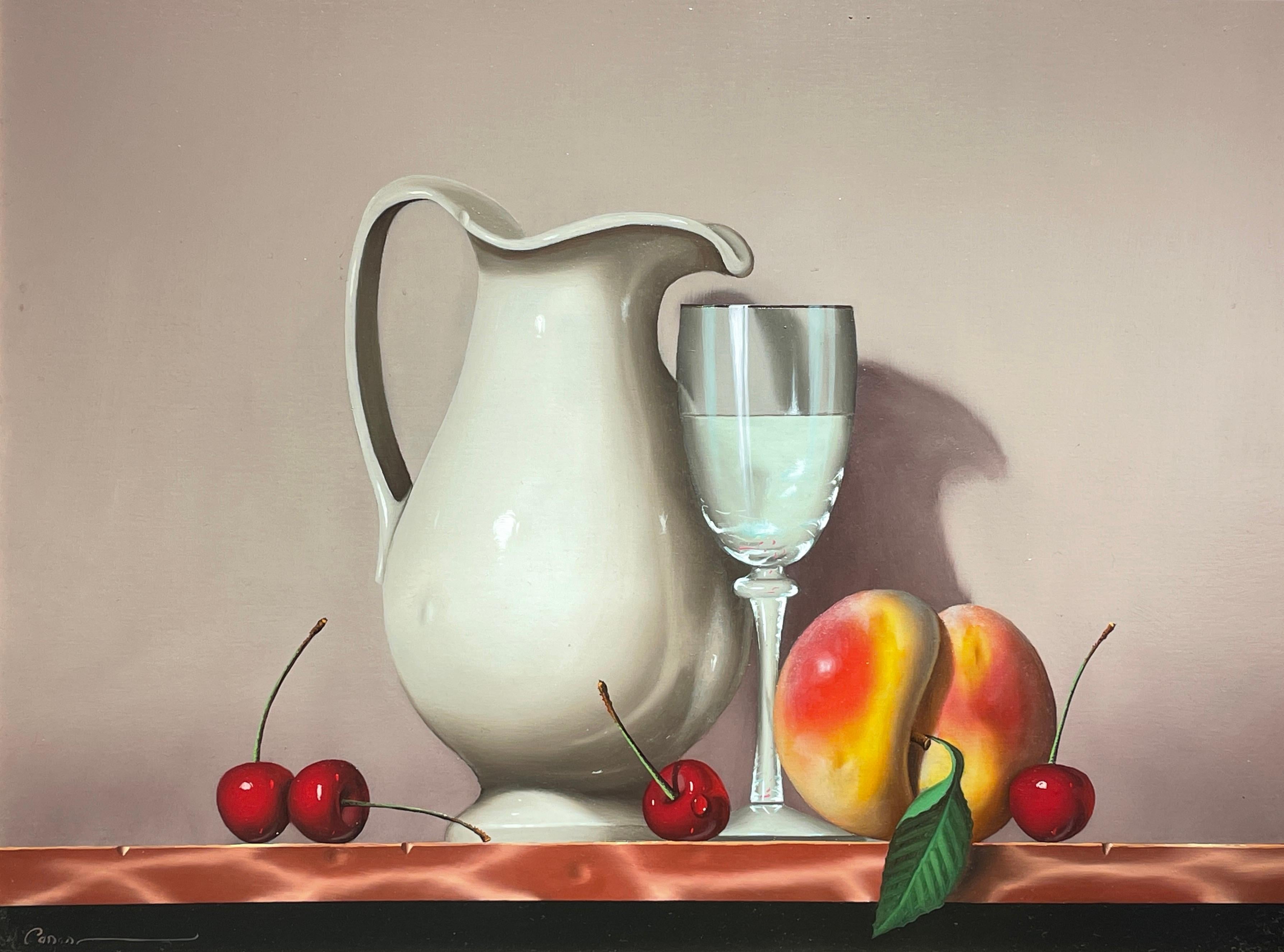 Casas Still-Life Painting - 'Cherries & Peach' Contemporary Photorealist Still life painting, Red, Yellow 