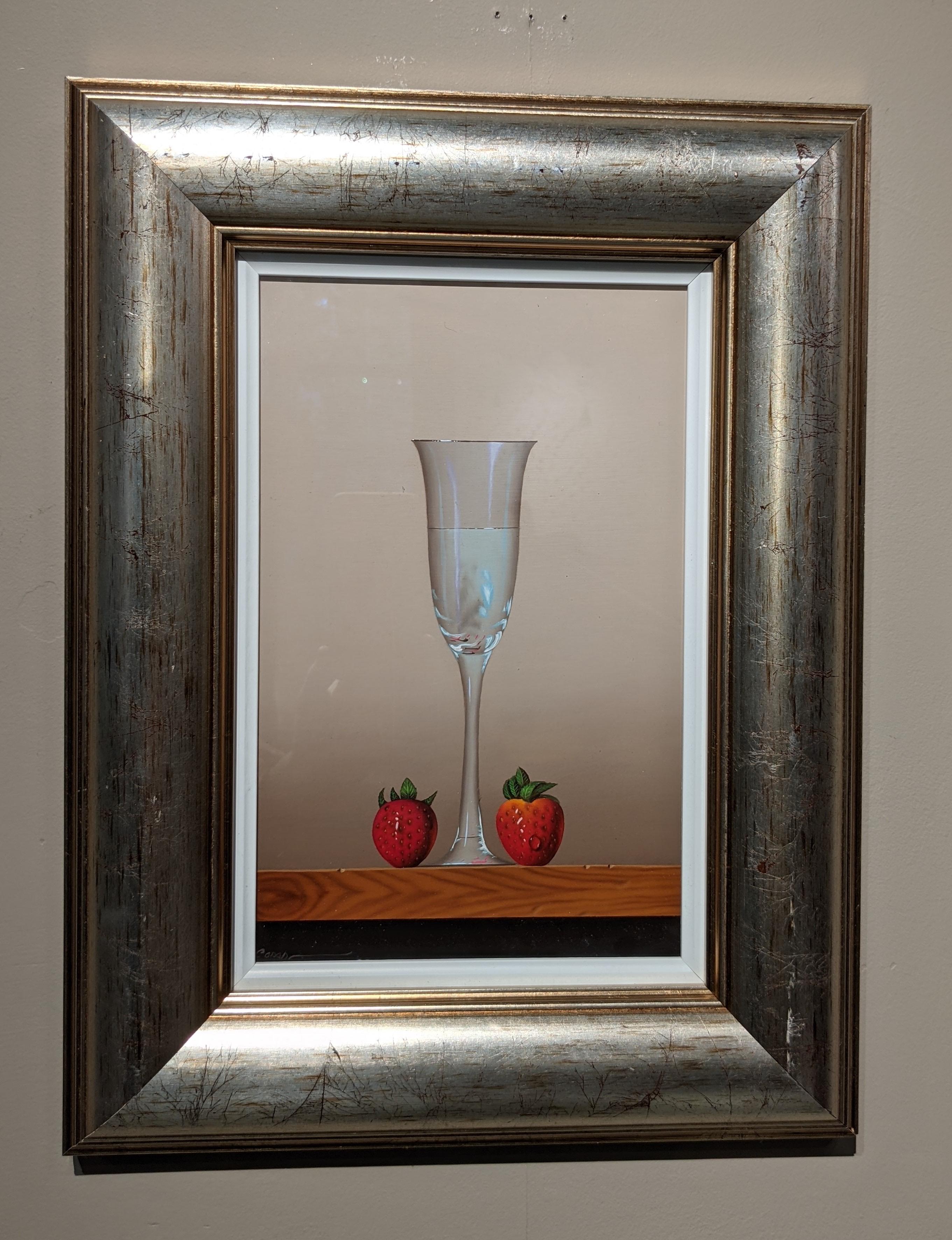 Casas Still-Life Painting - Contemporary Still Life 'Glass & Strawberries' Photo realist painting, red