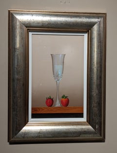 Contemporary Still Life 'Glass & Strawberries' Photo realist painting, red
