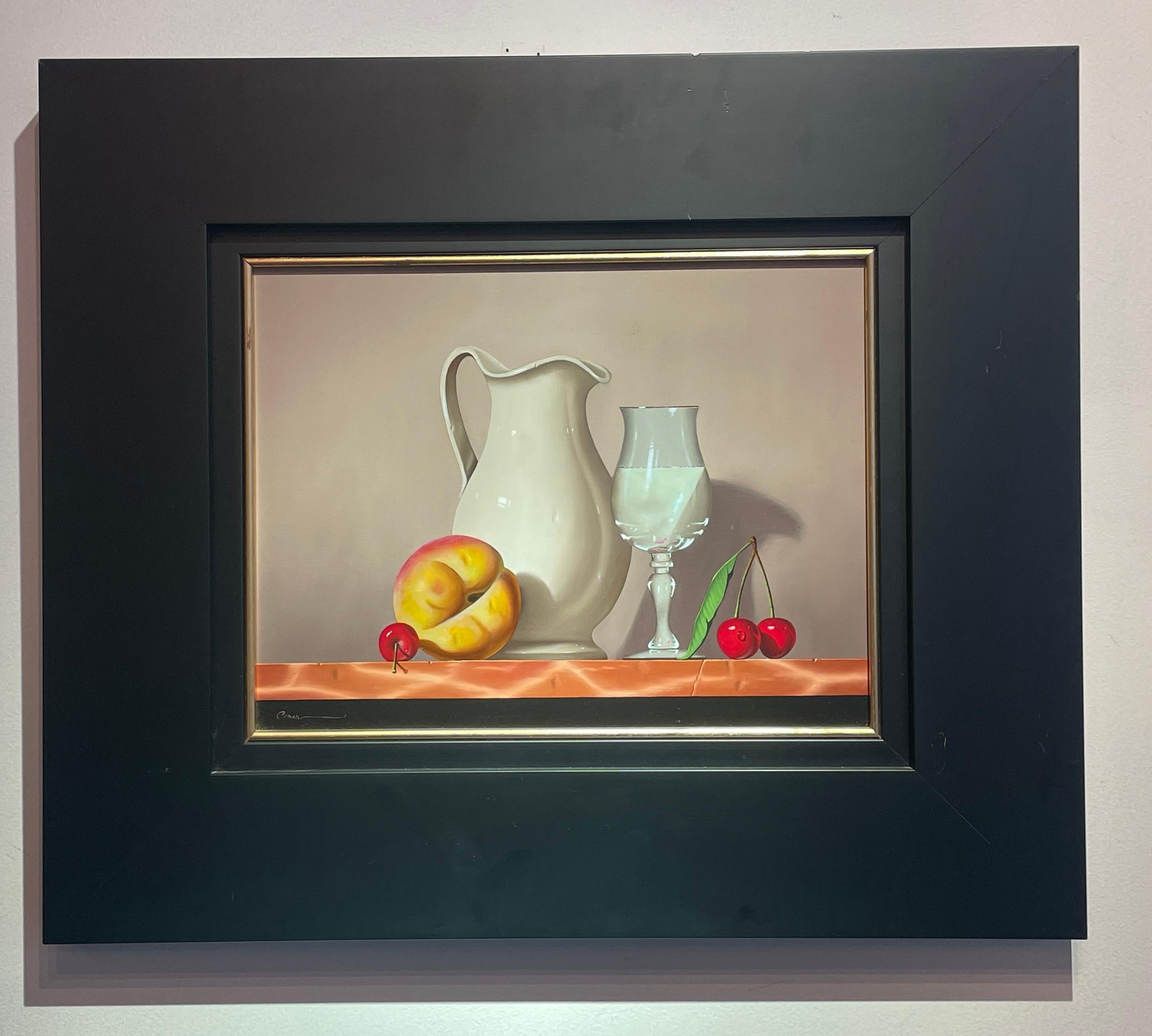 'Glass Half Full' Contemporary Still Life painting with Peach, Cherries and jug - Painting by Casas