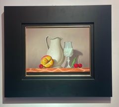 'Glass Half Full' Contemporary Still Life painting with Peach, Cherries and jug
