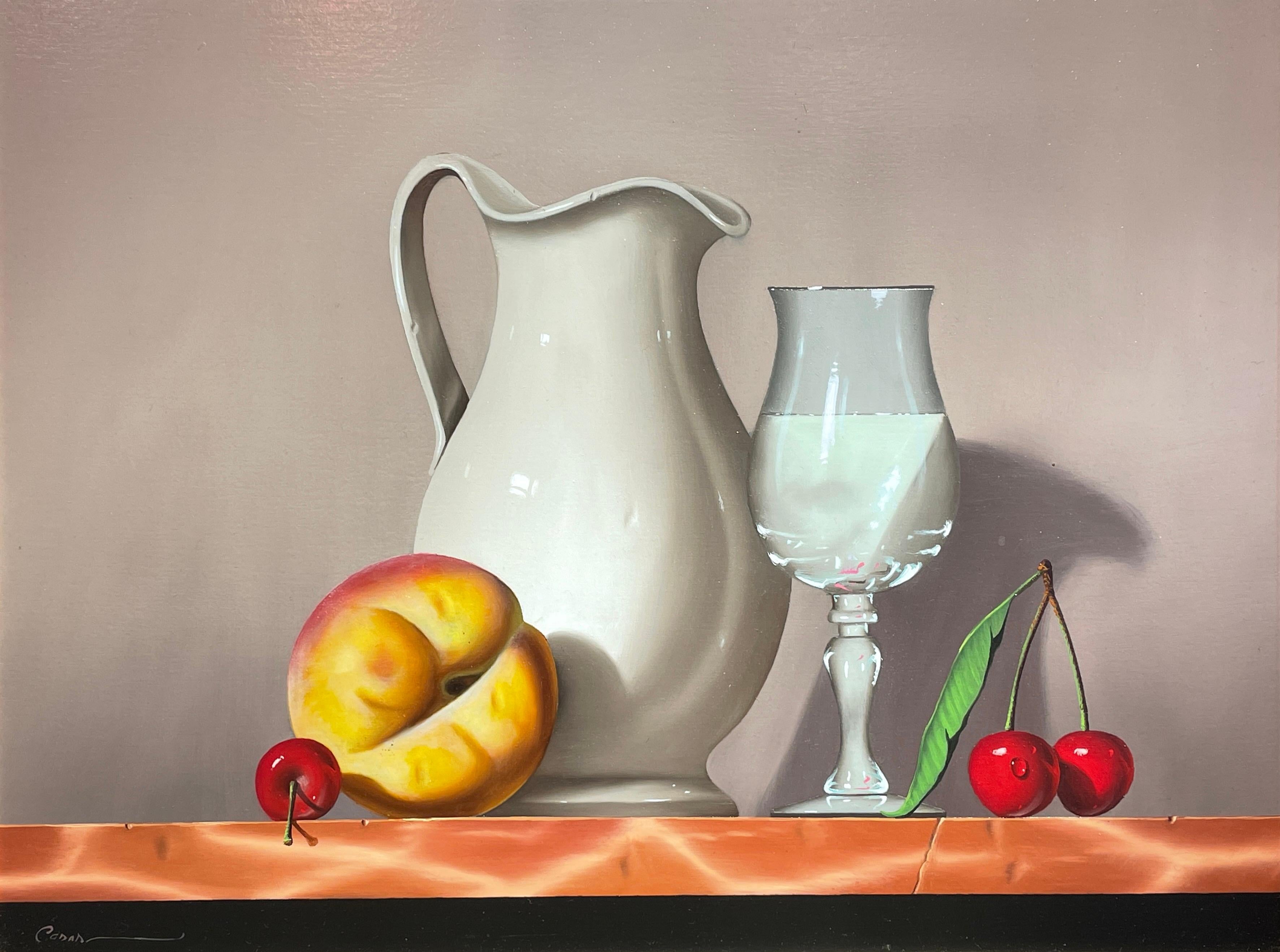 Casas Still-Life Painting - 'Glass Half Full' Contemporary Still Life painting with Peach, Cherries and jug