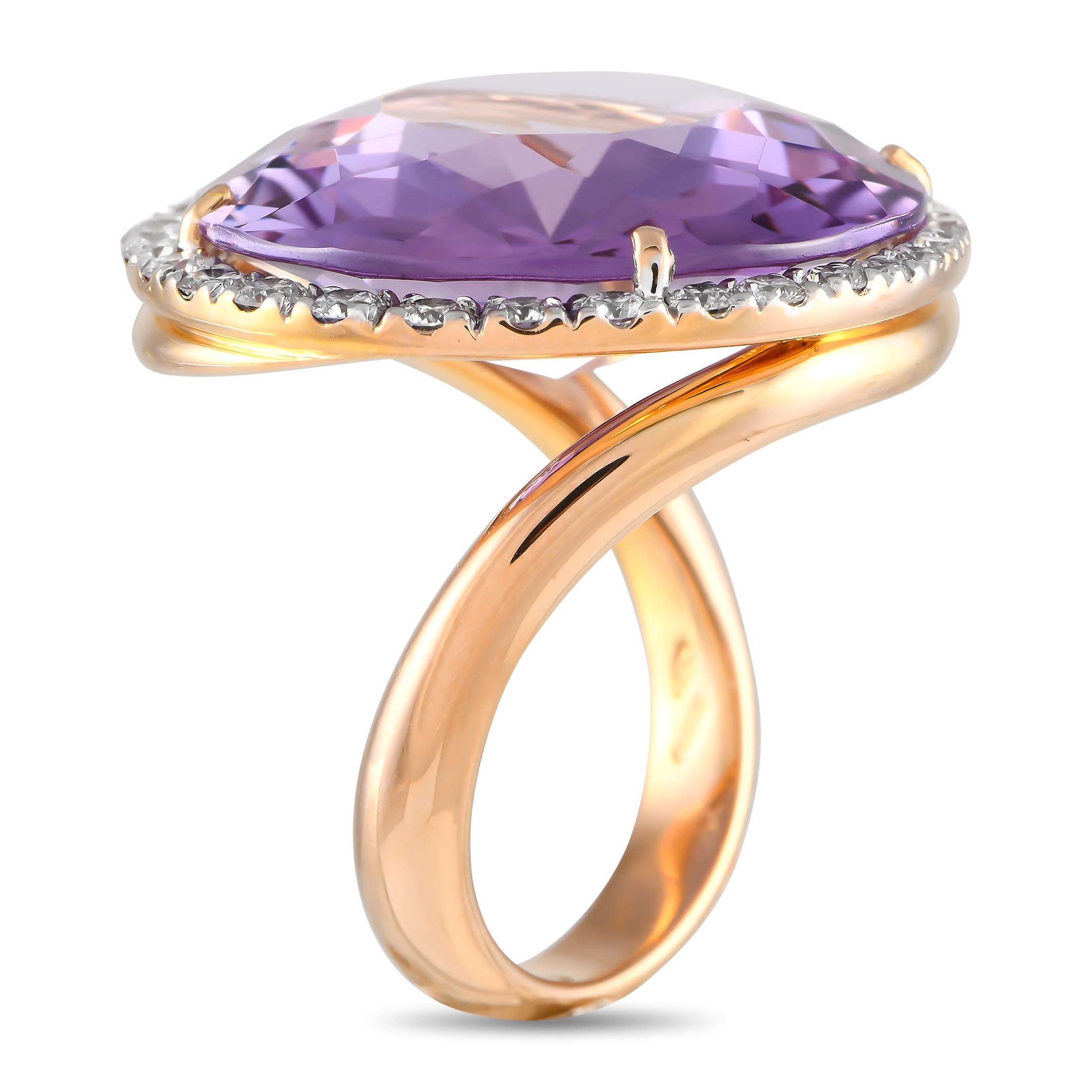 Graceful curves and a minimalist setting allow sparkling gemstones to take center stage on this breathtaking Casato ring. A round amethyst gemstone makes a statement at the center of the 18K rose gold setting, while sparkling diamonds with a total