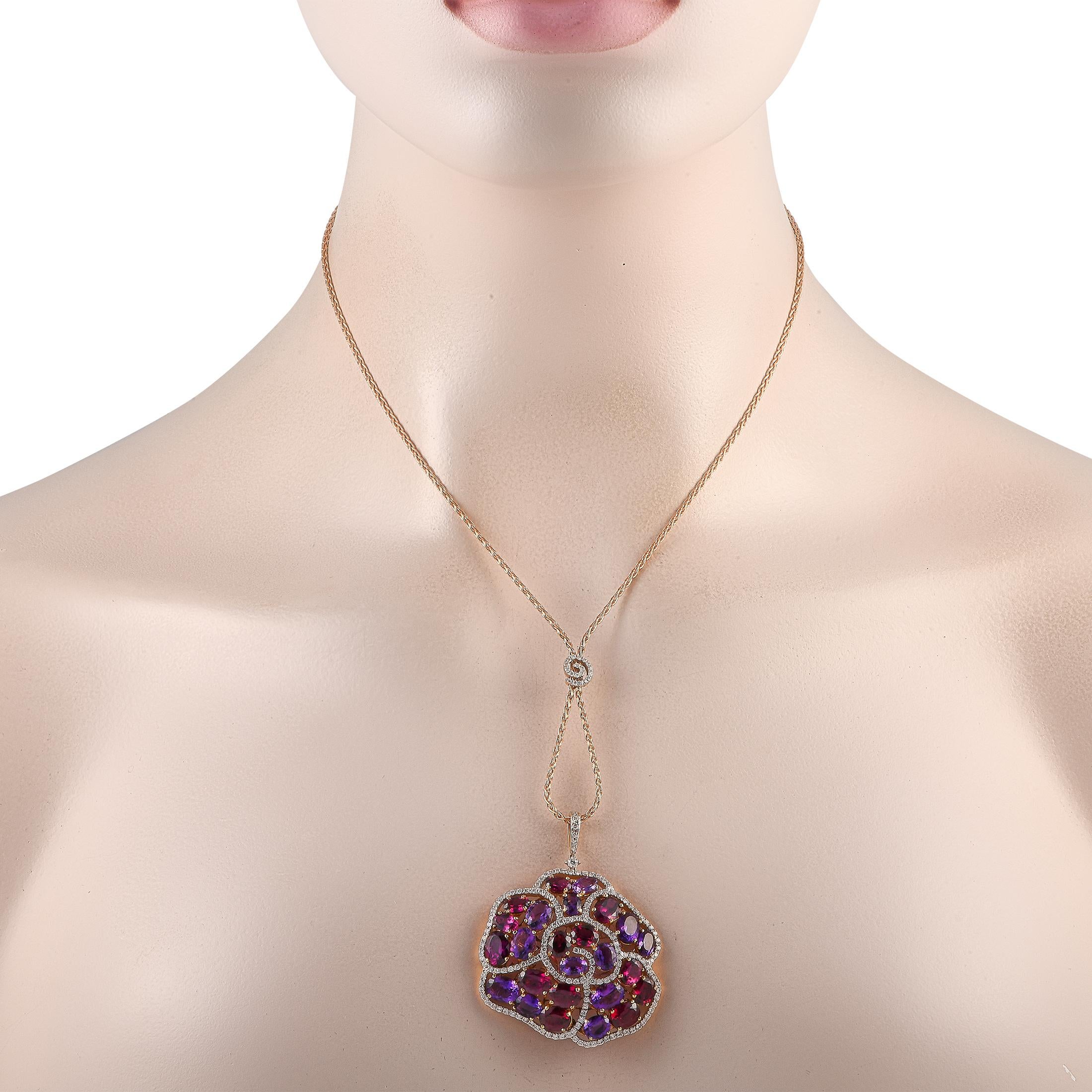 A colorful floral pendant covered in amethyst and rhodolite gemstones makes this 18K rose gold Casato necklace simply unforgettable. Bold and incredibly impressive, this elegant accessory features sparkling diamonds totaling 1.57 carats accenting