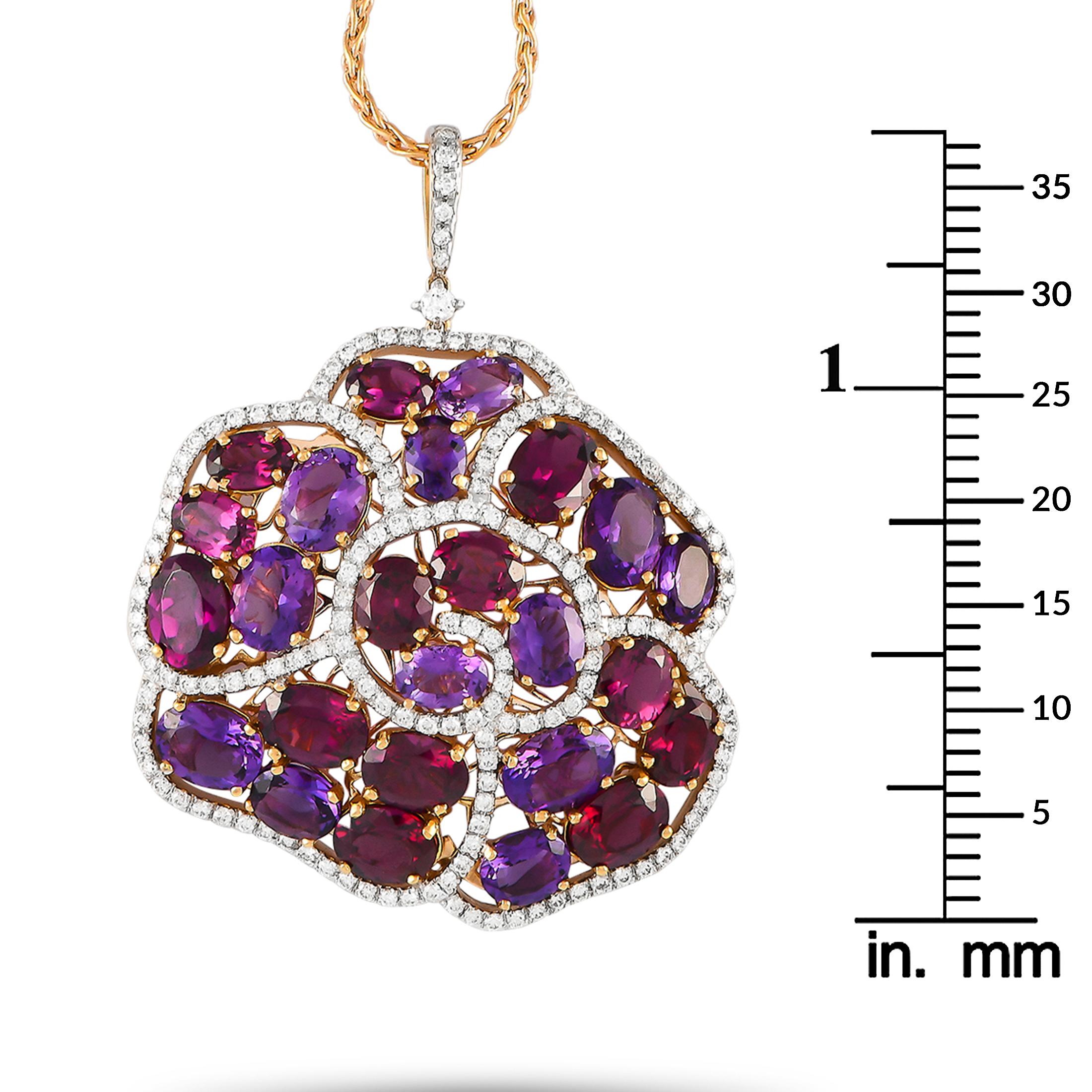Women's Casato 18K Rose Gold 1.57ct Diamond, Amethyst, and Rhodolite Pendant Necklace For Sale