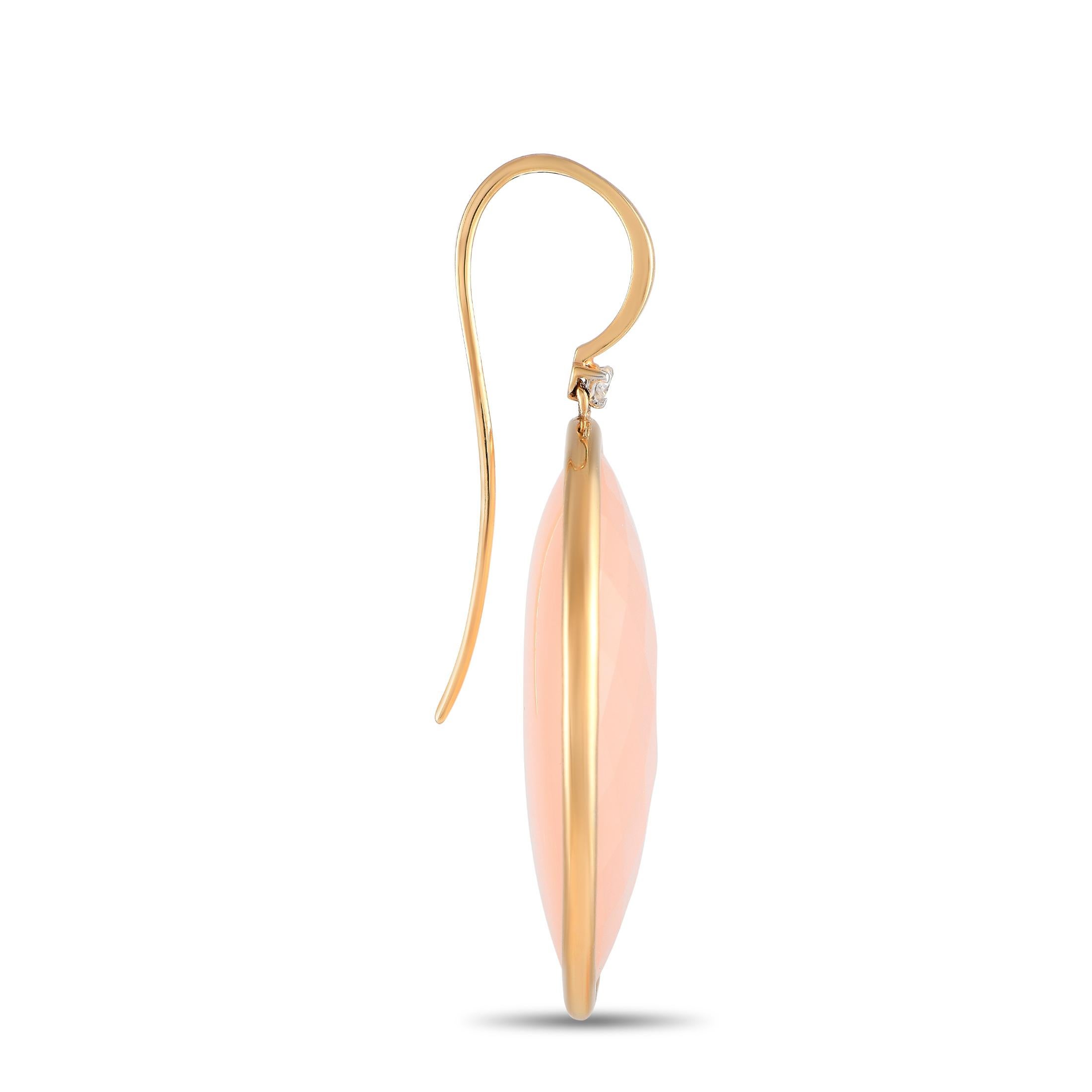 Simple and sweet, these hook-drop earrings from Casato are a fantastic way to add some color to your wardrobe. Each earring features a lovely pink chalcedony in a polished teardrop frame. A pair of diamonds punctuate the earrings for a soft touch of