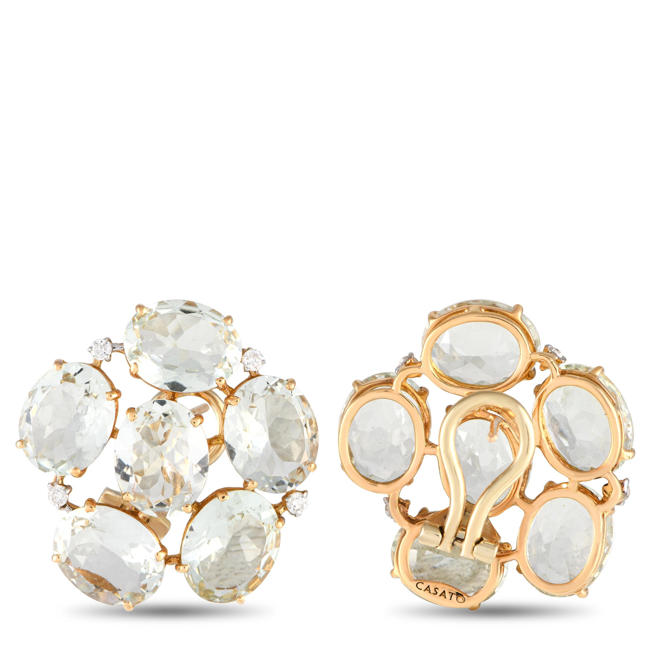 Adorned with pretty prasiolite, these earrings are the perfect polishing touch to many different outfits. Each earring features a stylized cluster of faceted oval prasiolites - a green variety of quartz. Each prasiolite is secured in a four-prong