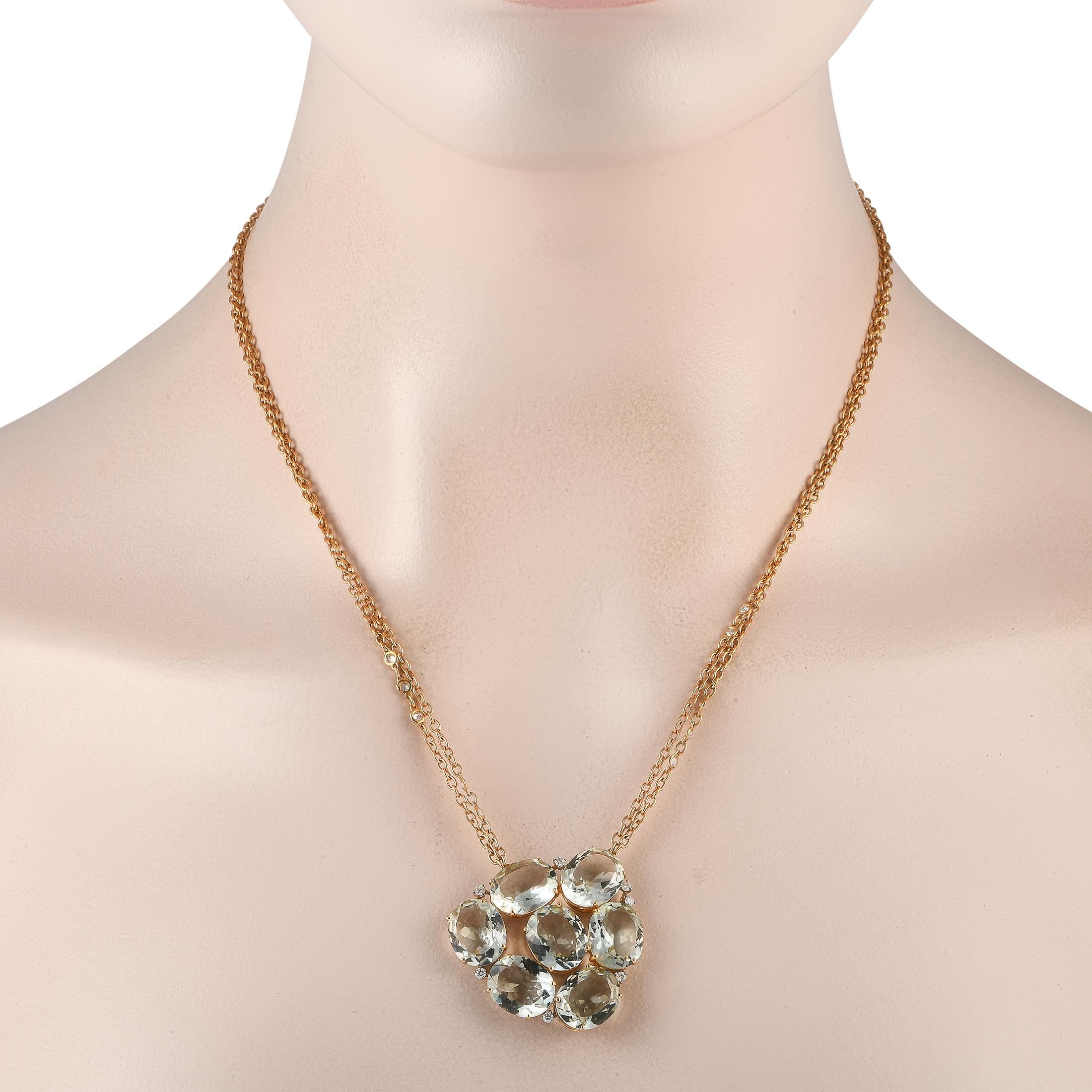 This Casato necklace is simply unforgettable. Suspended from an 18K yellow gold double chain, a breathtaking pendant makes a statement thanks to a unique arrangement of prasiolite gemstones. Subtle round-cut diamonds with a total weight of 0.30