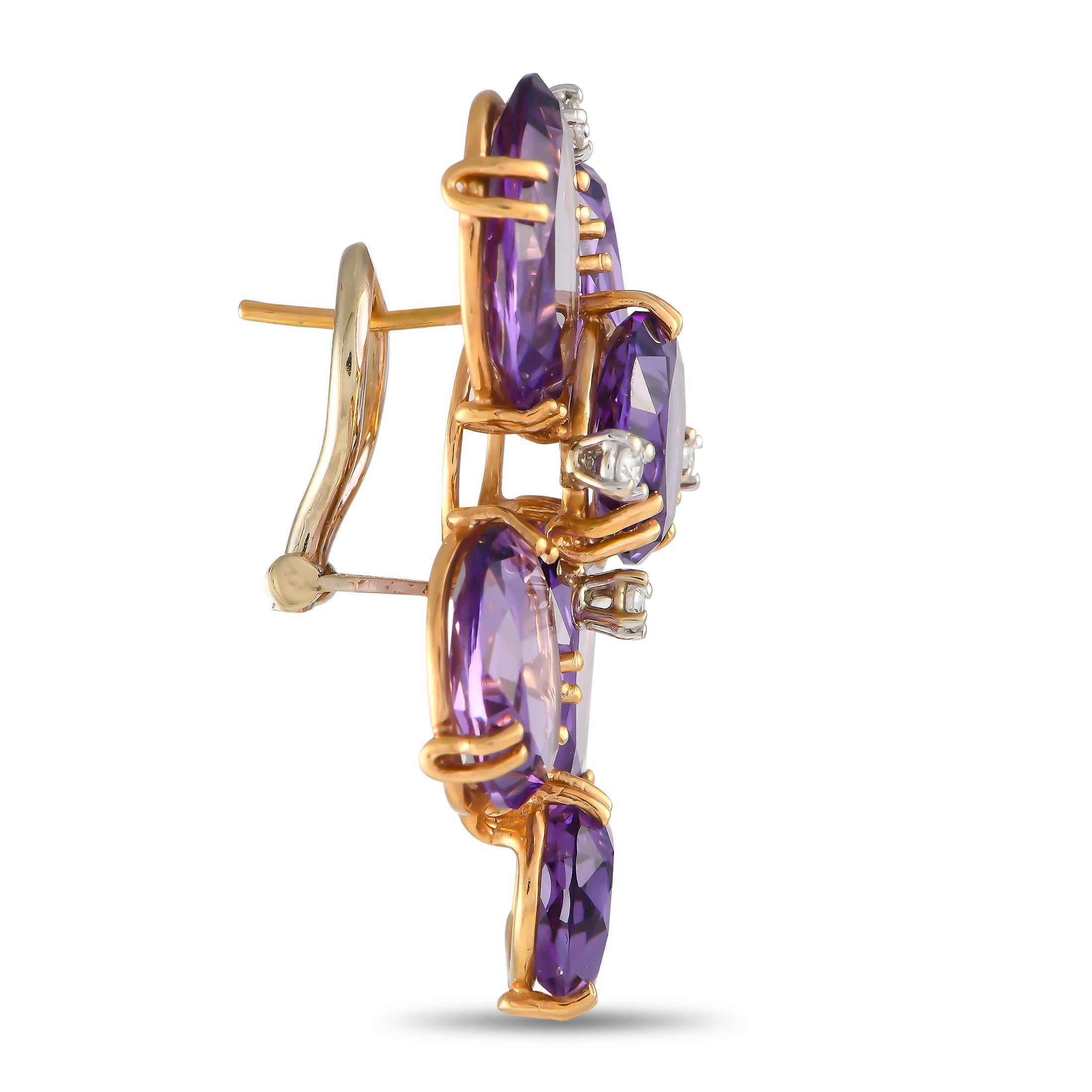 Translucent amethyst gemstones serve as a stunning focal point on these exquisite 18K yellow gold Casato earrings. Elevated by sparkling diamond accents totaling 0.36 carats, each one measures 1.45 long by 1.0 wide.This jewelry piece is offered in