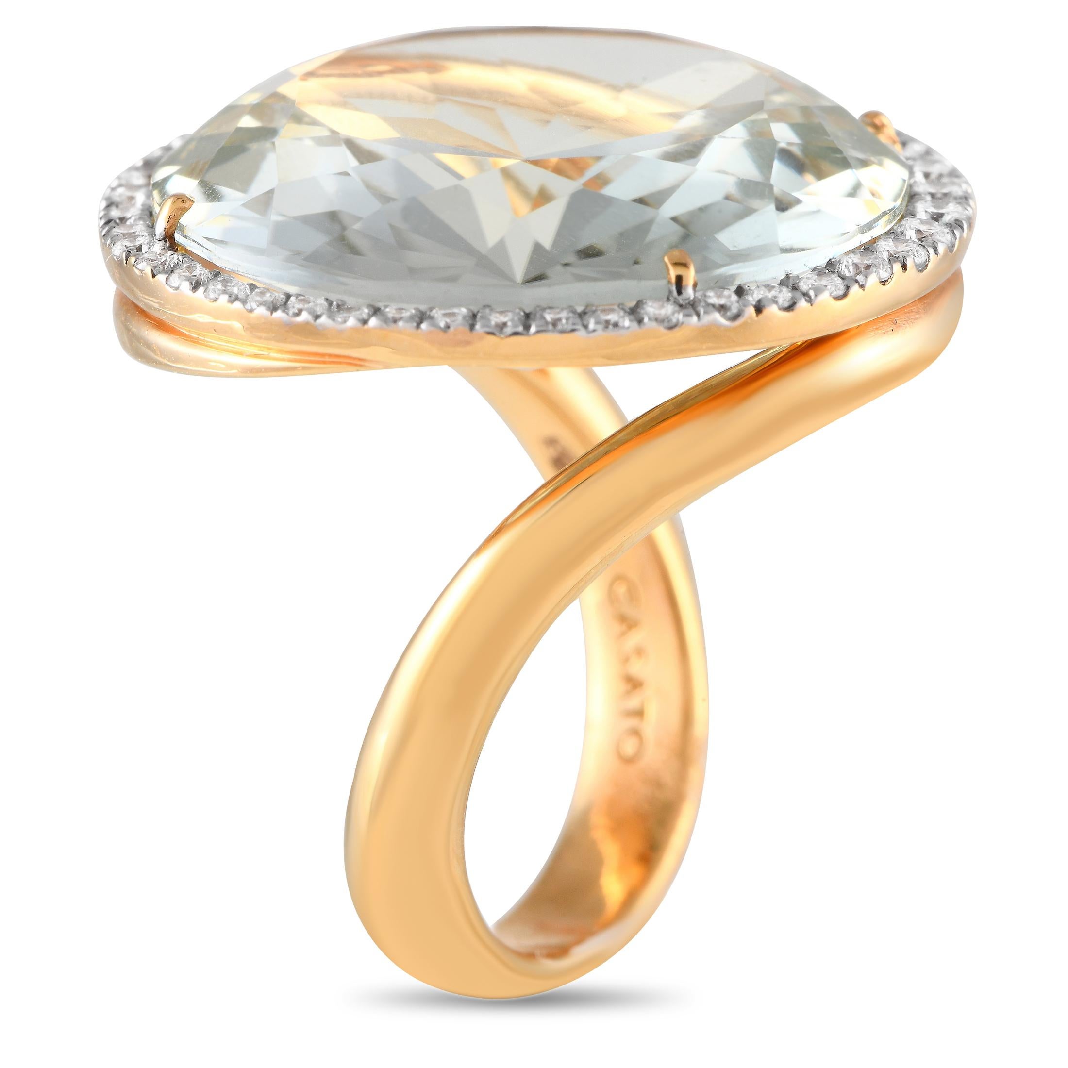From the curved 18K yellow gold setting to the bold translucent amethyst center stone  every inch of this Casato ring is designed to make a statement. Diamonds with a total weight of 0.78 carats add extra elegance to this piece, which features a 3mm