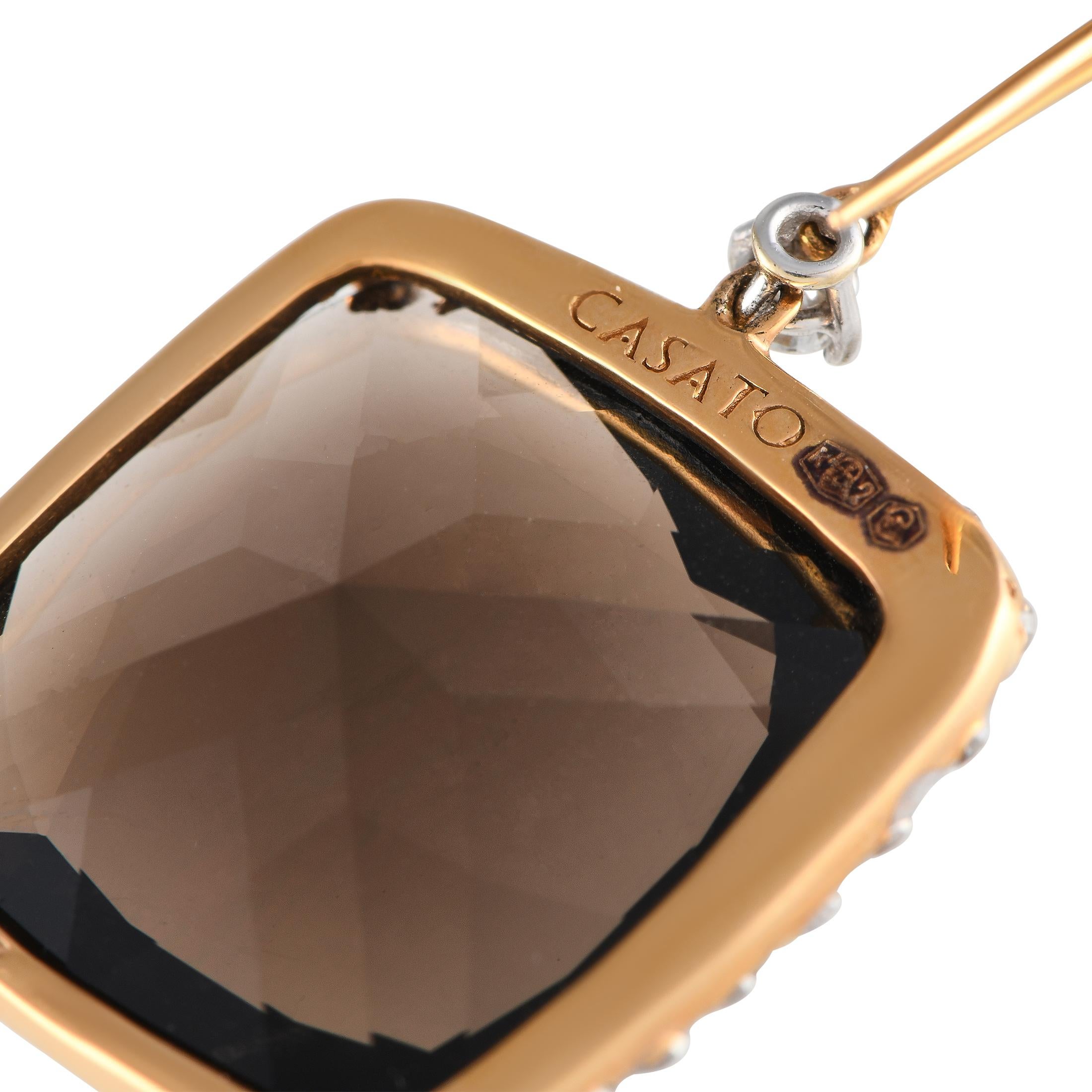 Round Cut Casato 18K Yellow Gold 0.83ct Diamond and Smokey Quartz Drop Earrings