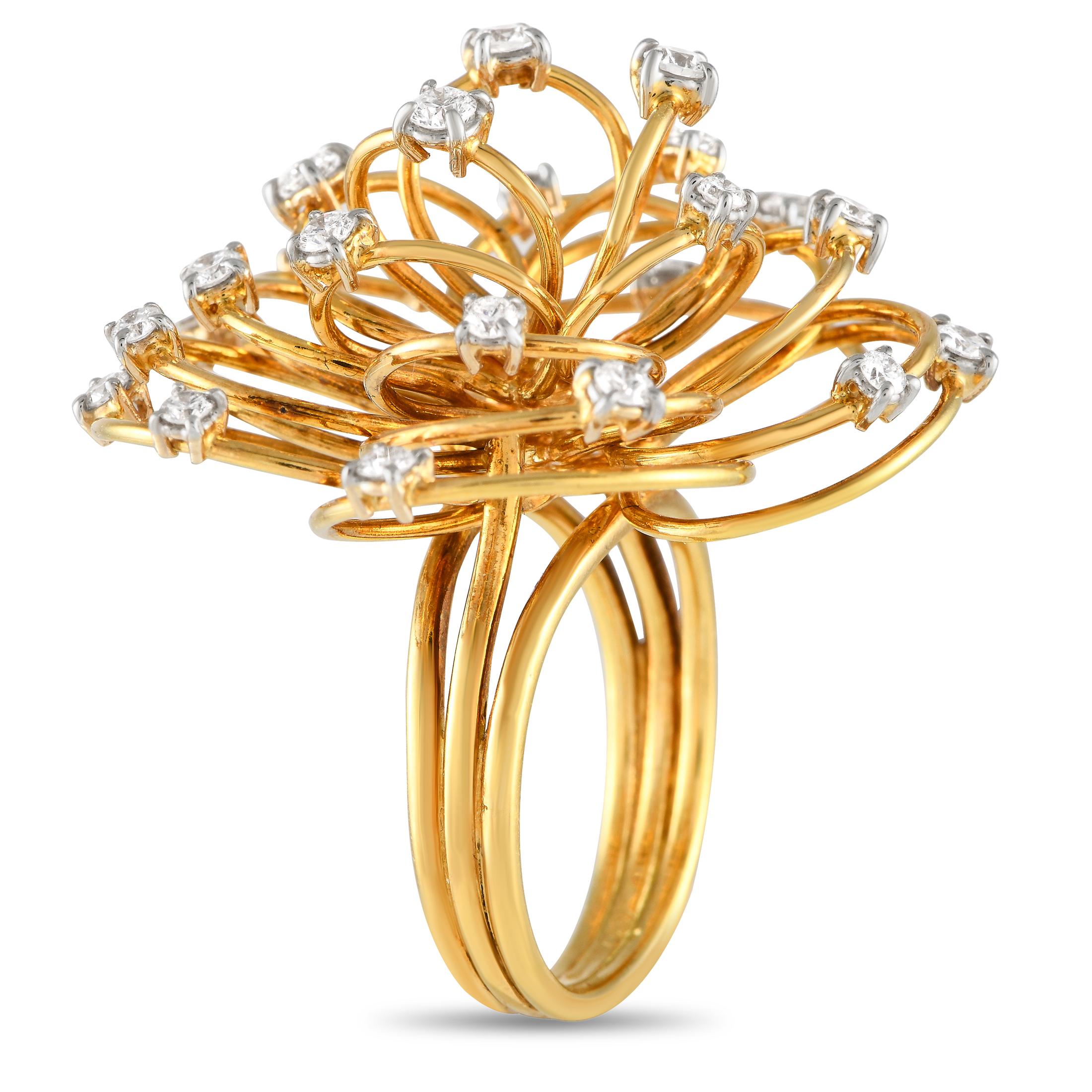 The ring that will literally put a twist in your accessorizing game. Created by Casato, this uniquely beautiful piece features a three-band shank topped with an oversized floral motif composed of layers and layers of diamond-dotted looped-wire-like