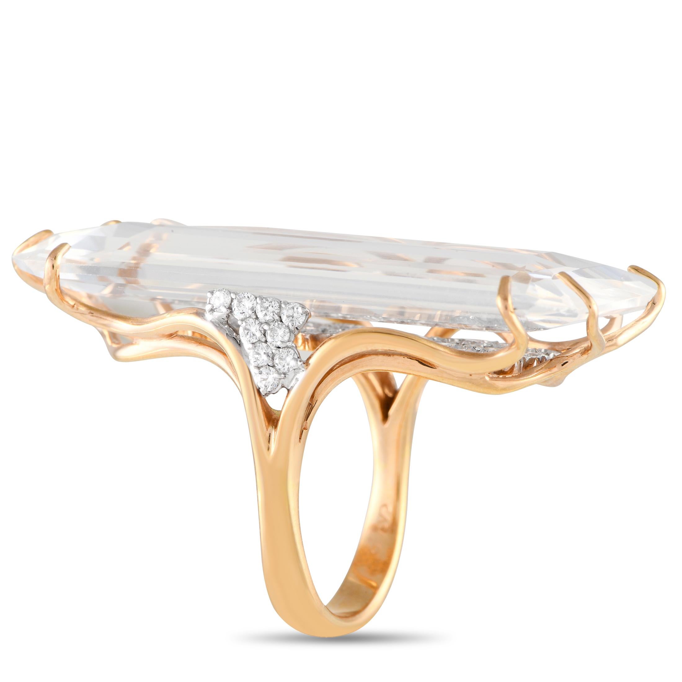 Theres something incredibly enchanting about this Casato ring. A bold rock crystal center stone beautifully showcases the delicate 18K yellow gold setting and inset diamonds with a total weight of 1.0 carats. Featuring a 3mm wide band and a 10mm top