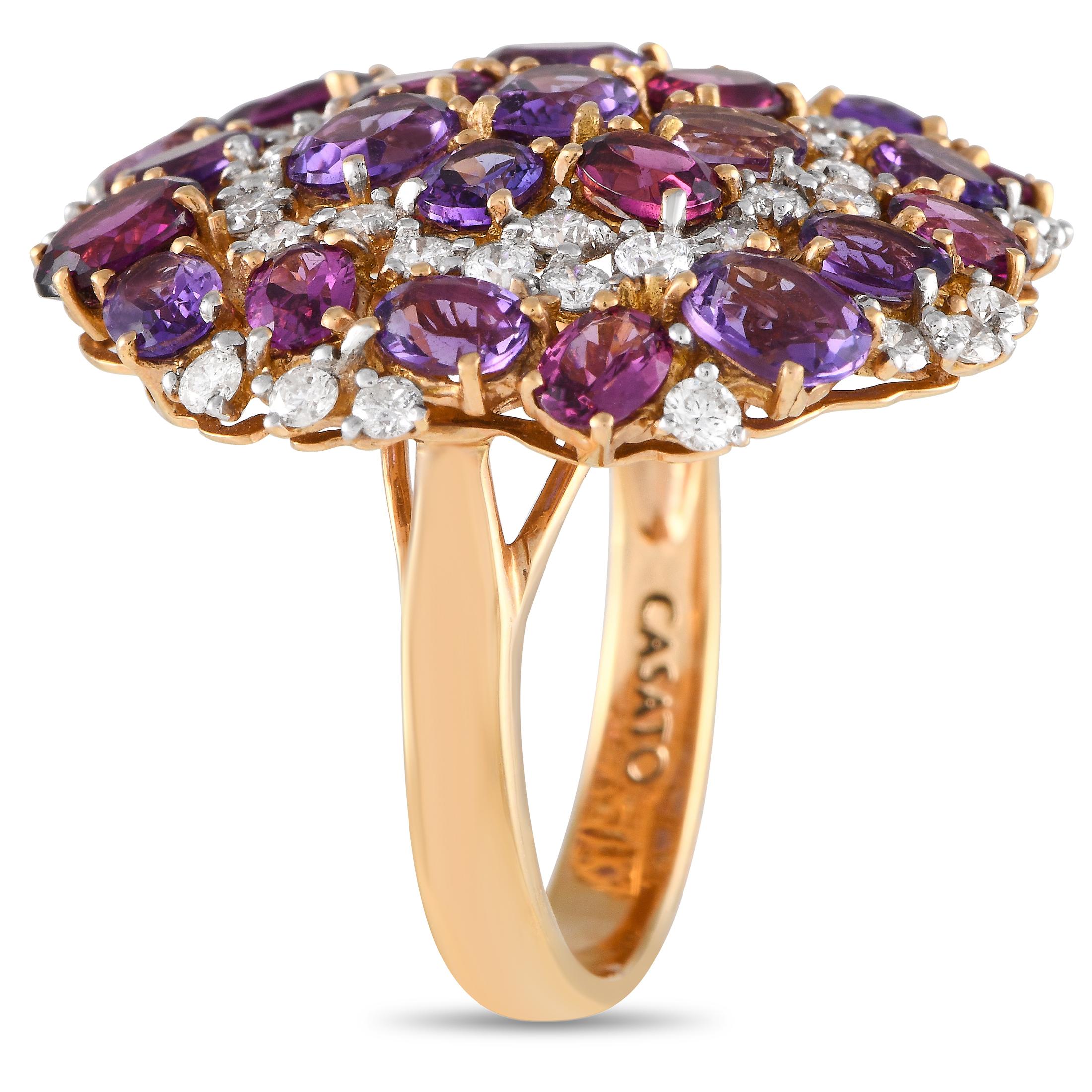 An exquisite array of amethyst gemstones, rhodolite gemstones, and diamonds with a total weight of 1.45 carats add color and dimension to this impressive Casato ring. Crafted from opulent 18K rose gold, this bold cocktail ring features a 3mm wide