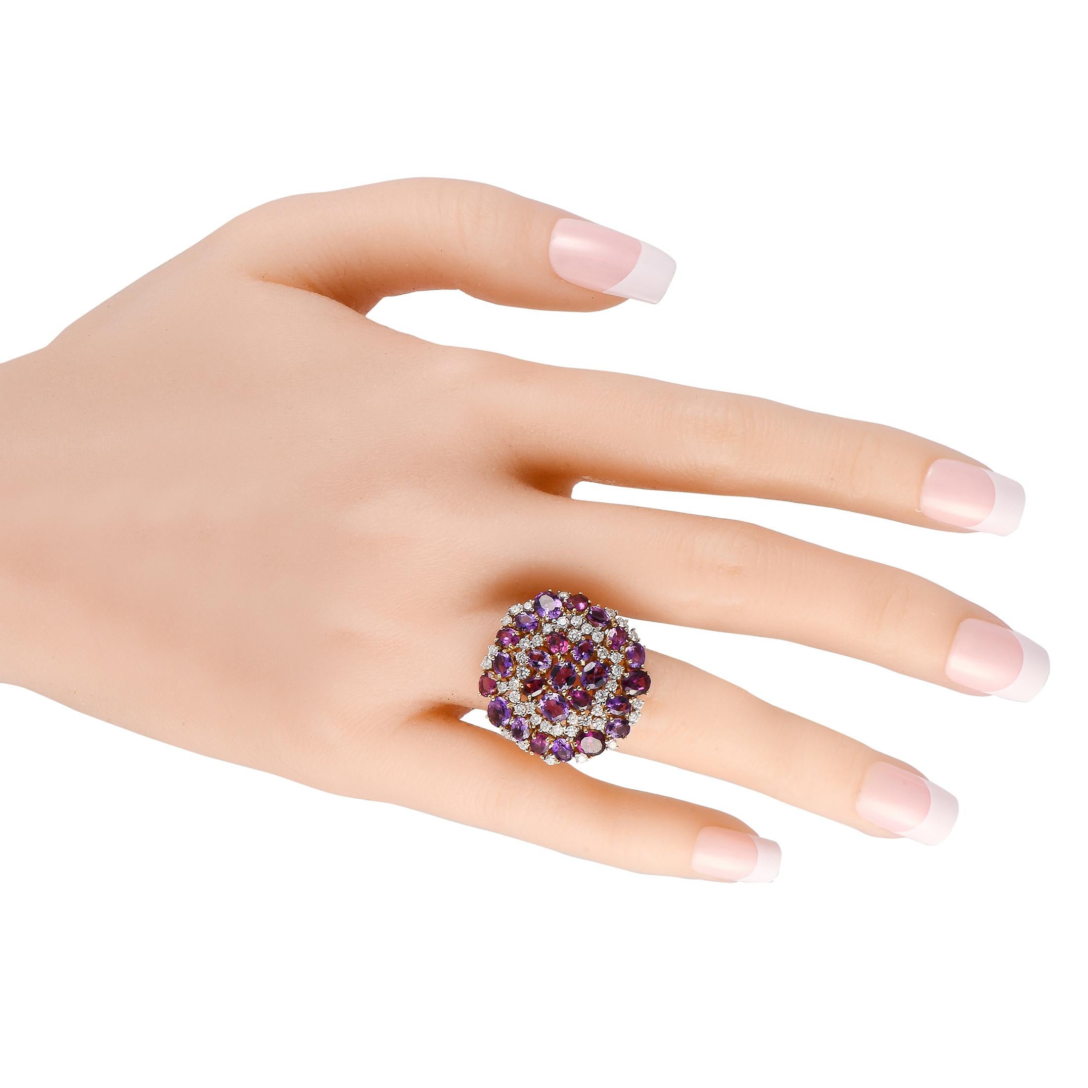 Round Cut Casato 18K Yellow Gold 1.45ct Diamond, Amethyst, and Rhodolite Ring