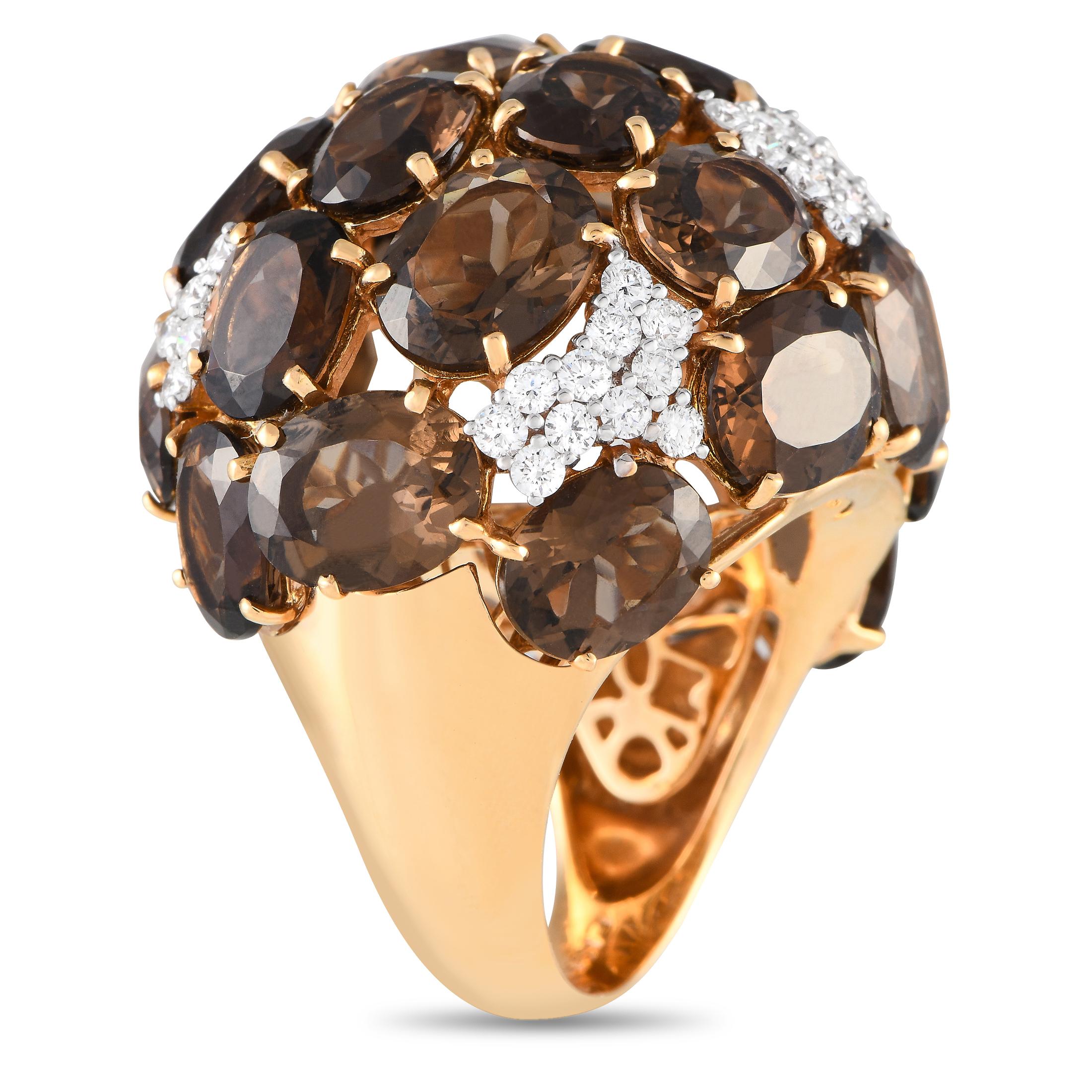 Opt for this Casato diamond and smokey quartz cocktail ring if you want full-on drama. This piece features a yellow gold domed band with a rounded top fully covered with attractive smokey quartz and clusters of petite brilliant diamonds. The ring's