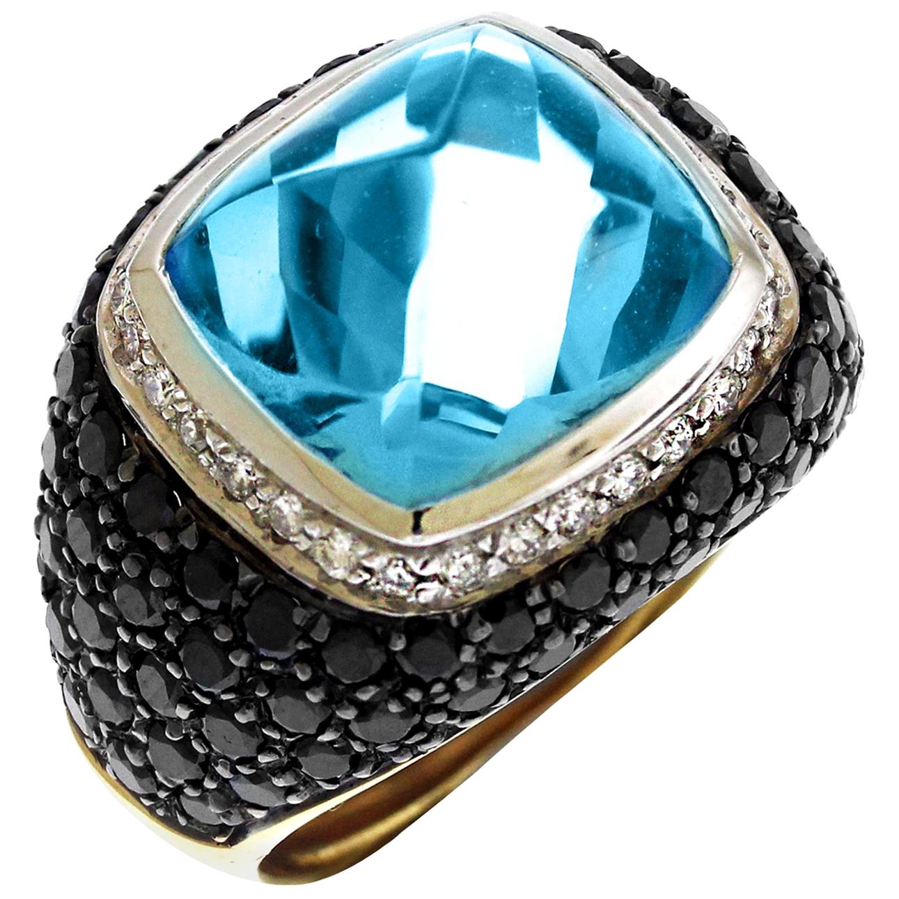 Casato Cushion Cut Blue Topaz Black White Diamonds 18 Karat Gold Dome Ring For Sale