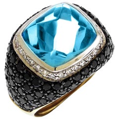 Casato Cushion Cut Blue Topaz Black White Diamonds 18 Karat Gold Dome Ring