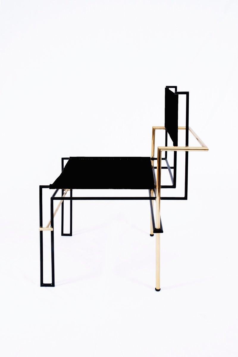 Casbah brass chair black by Nomade Atelier
Dimensions: D 94 x W 75 x H 107 cm
Material: brass, leather.
Available in black or white leather. 

The Casbah chair, inspired by Laszlo Moholy-Nagy's photograms, is all linear balance, gravity and