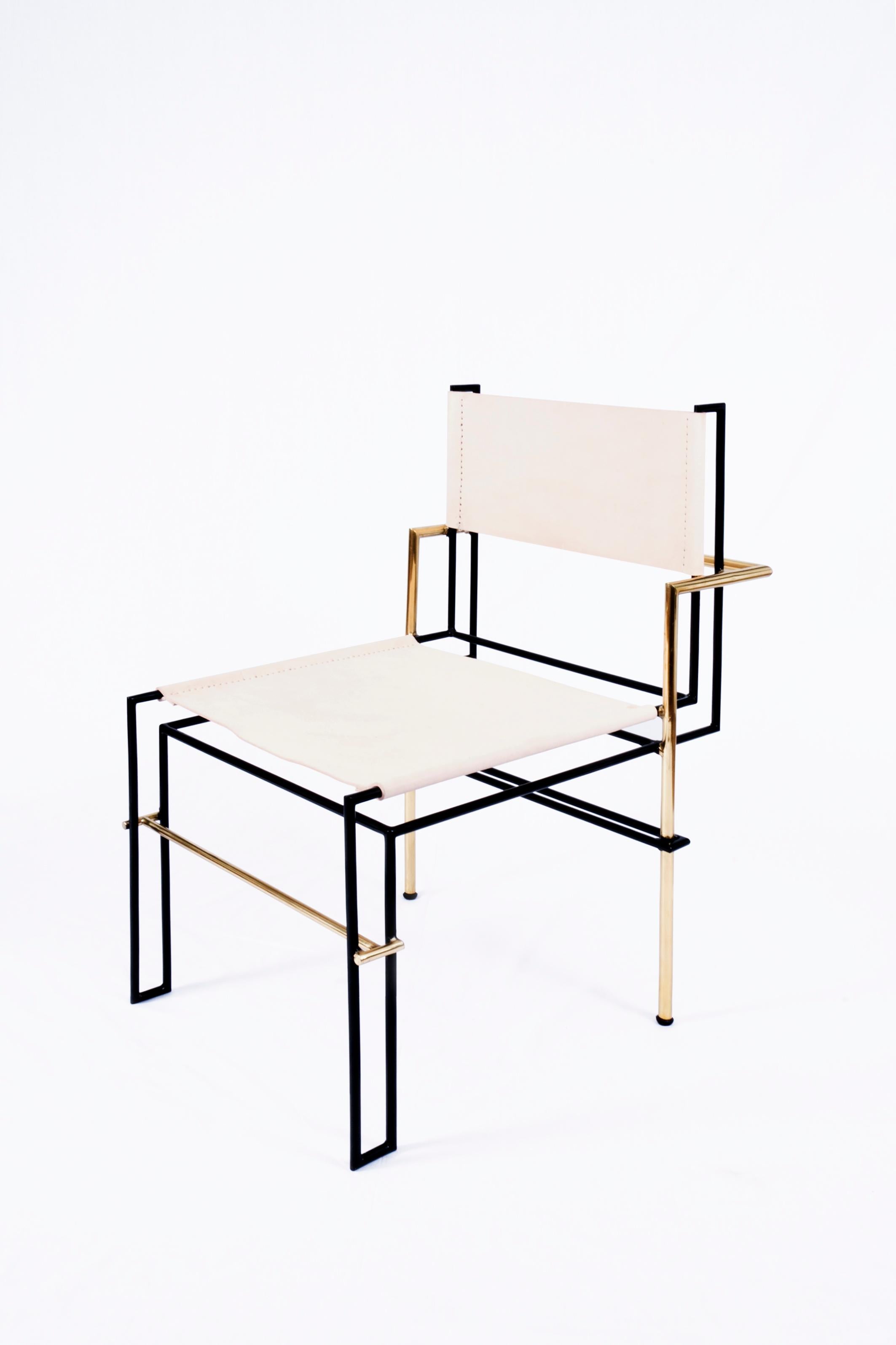 Casbah brass chair black by Nomade Atelier
Dimensions: D94 x W 75 x H107 cm
Material: Brass, leather.
Available in black or White leather. For others finishes,

The Casbah chair, inspired by Laszlo Moholy-Nagy's photograms, is all linear