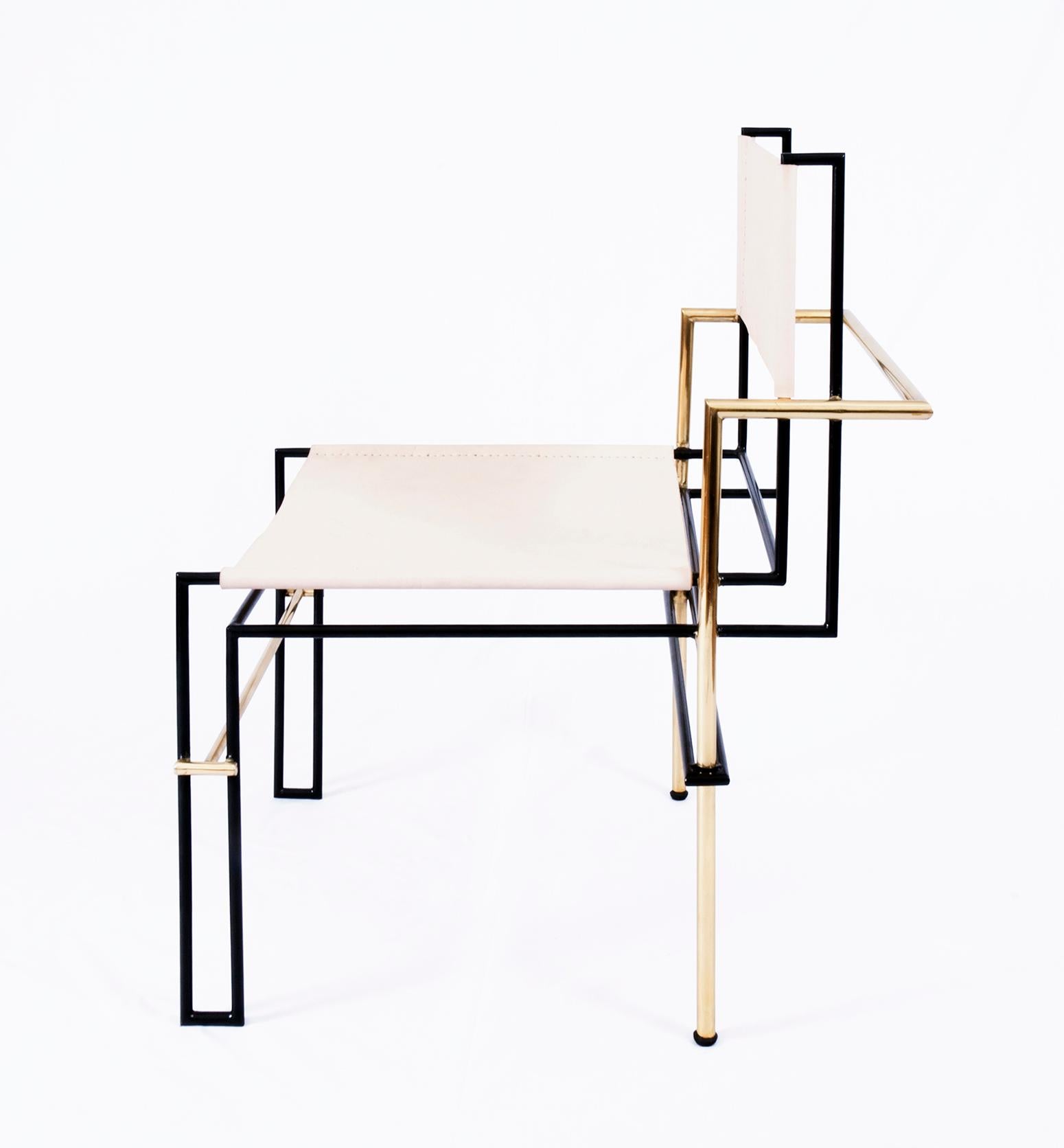 Inspired by Laszlo Moholy-Nagy's photograms, the Casbah chair by Mexico City–based Nomade Atelier is all linear balance, gravity, and angular movement. A complex tubular brass structure frames a natural vachetta leather seat and back sling that will